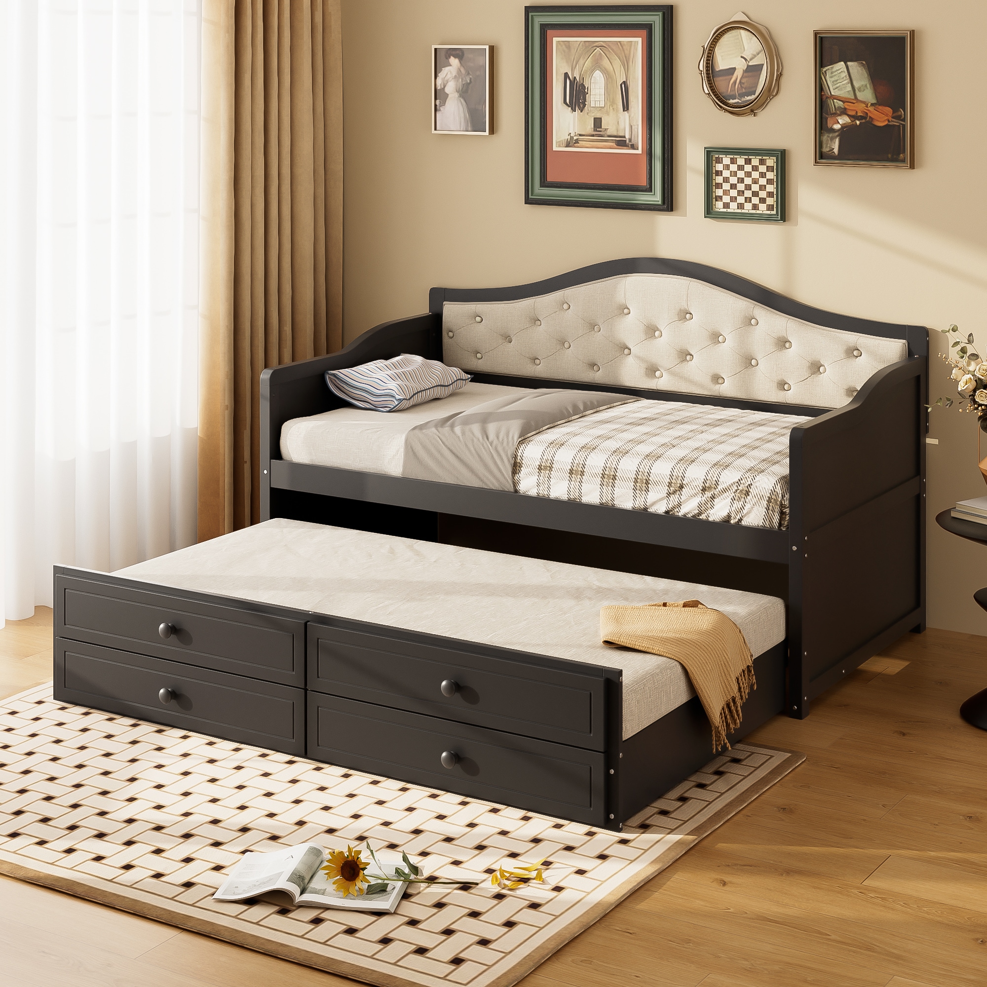 LOVMOR - Twin Daybed with Trundle 2 Storage Drawers Wooden Sofa Bed Upholstered Tufted Back Black