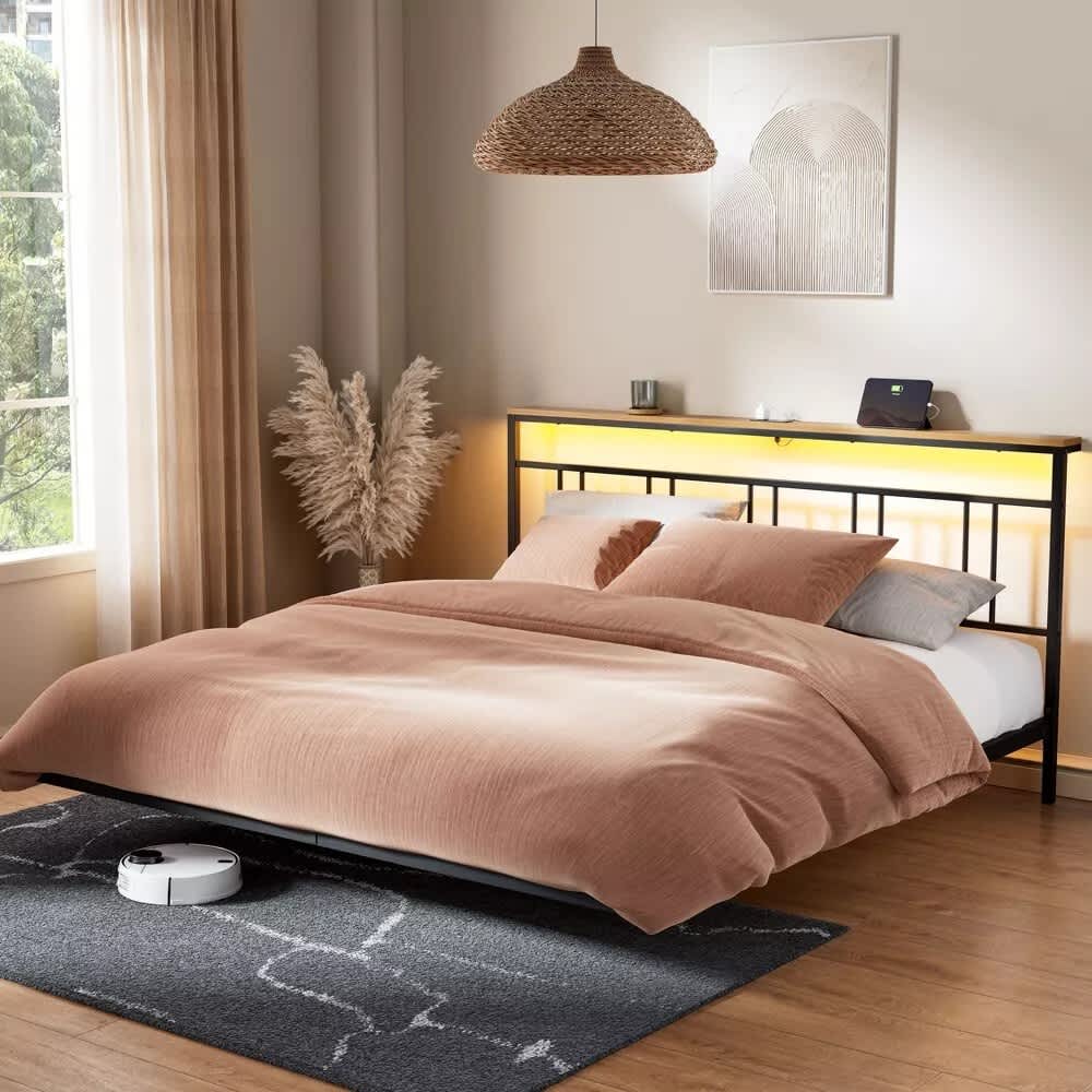 Aok Garden - King Floating Metal Platform Bed LED Lights Charging Station Headboard Under-bed Sto...