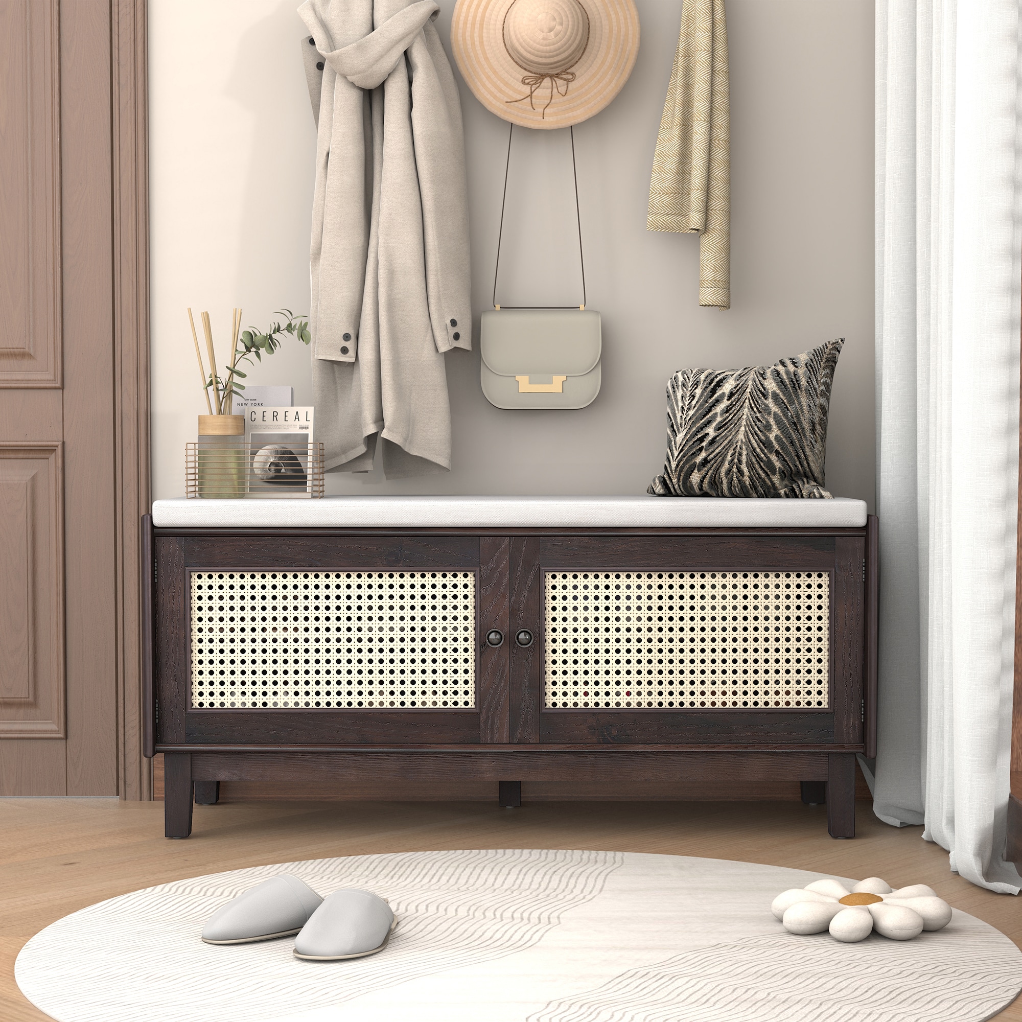 Huluwat Boho Rattan Entryway Bench with Storage Cushioned Shoe Bench with Double Doors Wooden Shoe Organizer Bench for Entryway and Hallway Espresso Beige