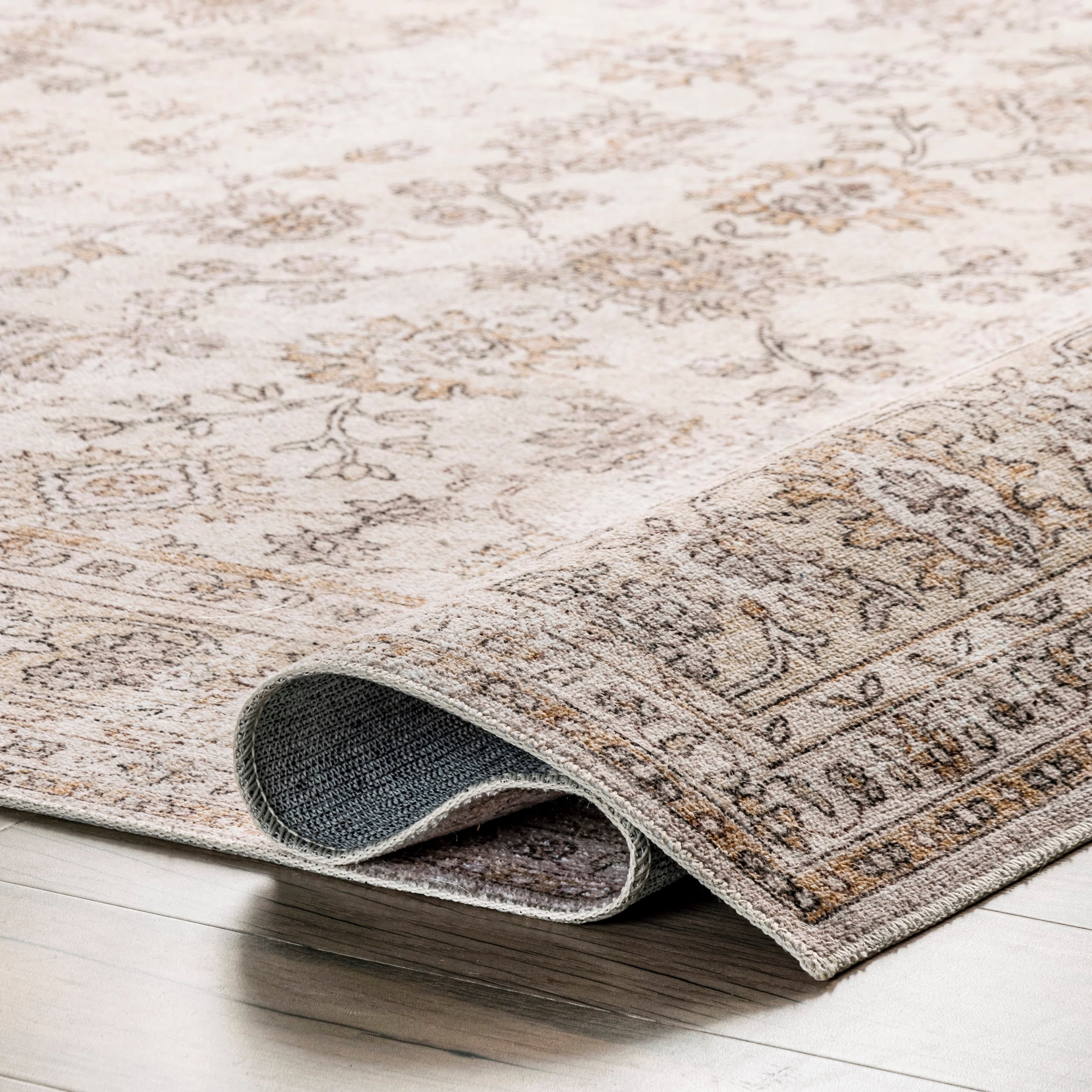 Beige Floral Machine Washable Stain-Resistant Area Rug