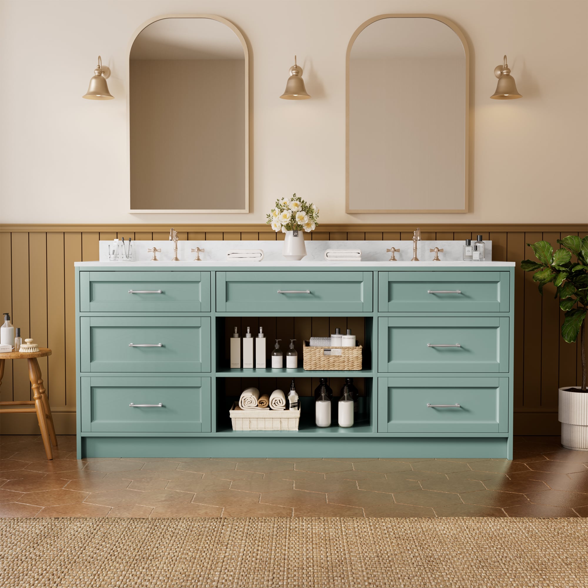 JEAREY Standard Size 72-in Light Green Double Sink Bathroom Vanity with White Marble Top (Fully Assembled)