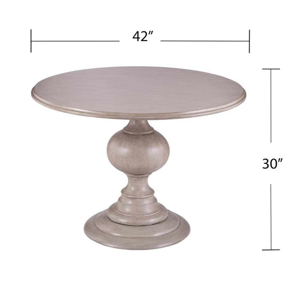 homelegance dandelion round pedestal dining table in distressed taupe