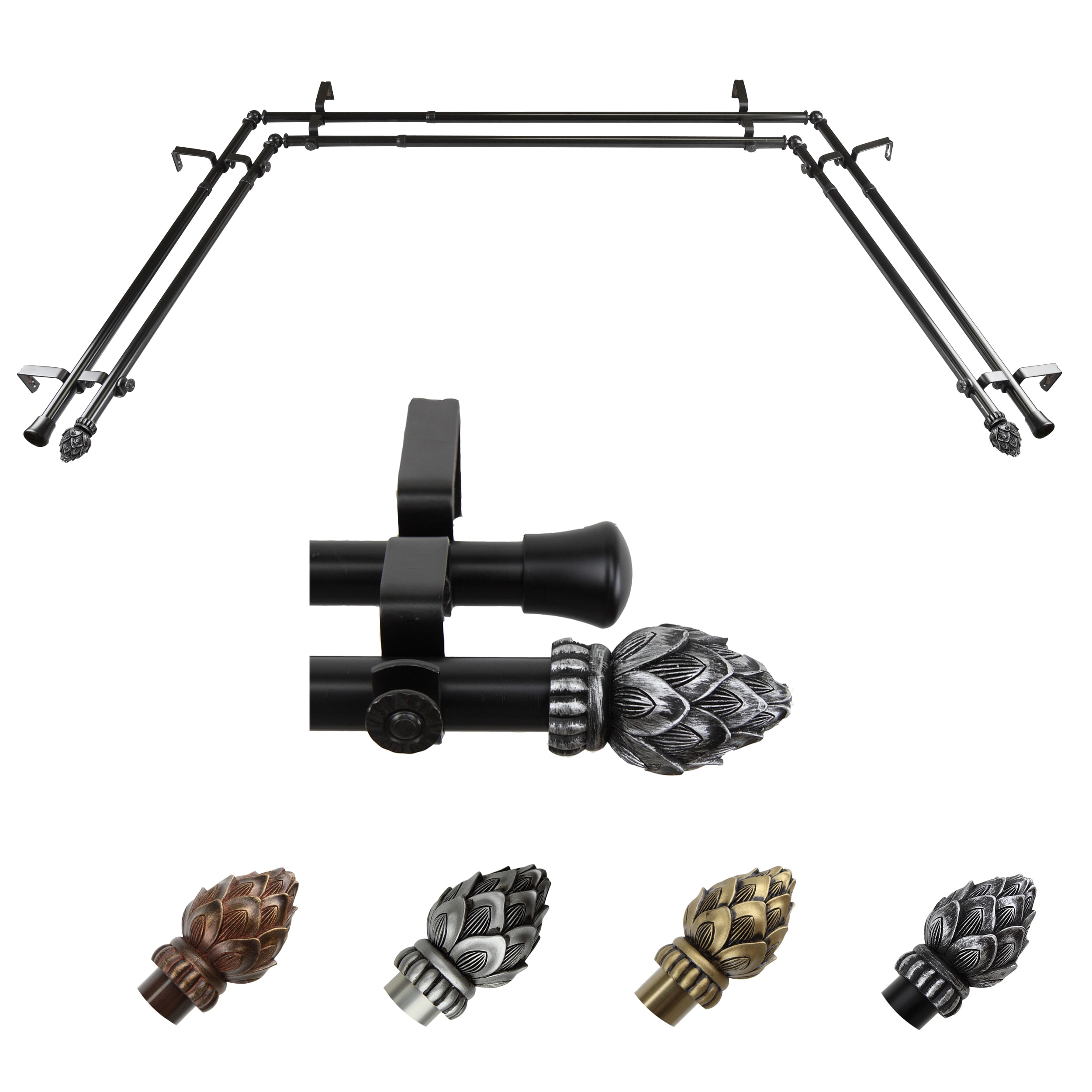 Hart & Harlow L-ABAY-07-2D Bri 13/16-in Double Bay Black Steel Bay window curtain rod with Finials