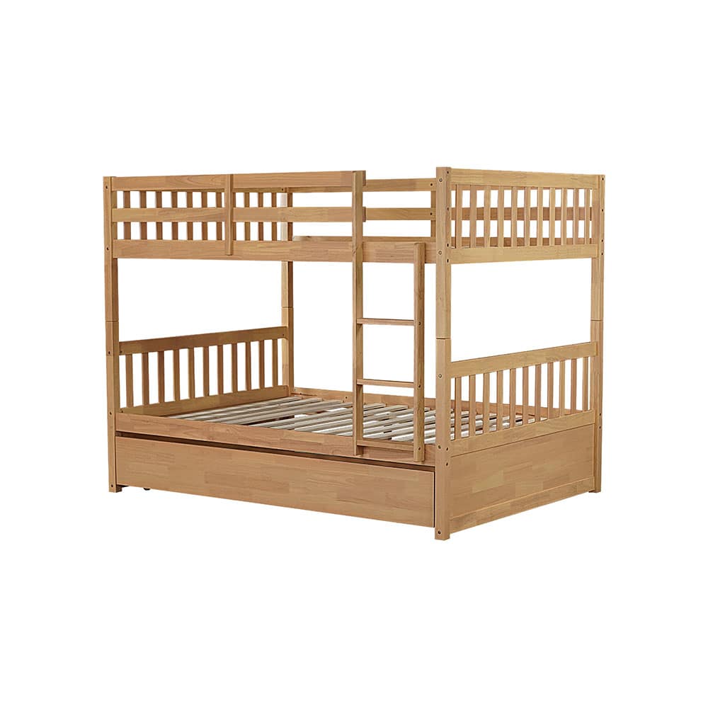 JUJABU EB410-21 White Oak Full Over Full Rubber Wood Bunk Bed with Trundle Ladder and Guardrails with Twin Size Trundle