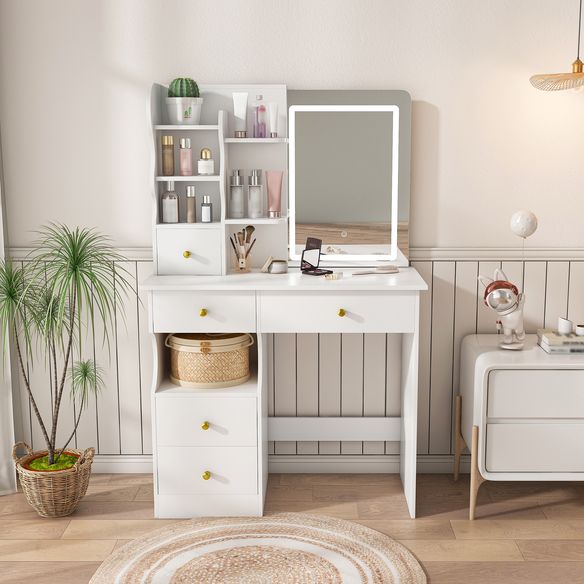 LOVMOR SF-Y-W2700P297924 White Dressing Table Mirror and LED Light 5 Drawer Dressing Table Movable and Hidden Mirror 3 Color Mode Touch Screen Storage Organizer