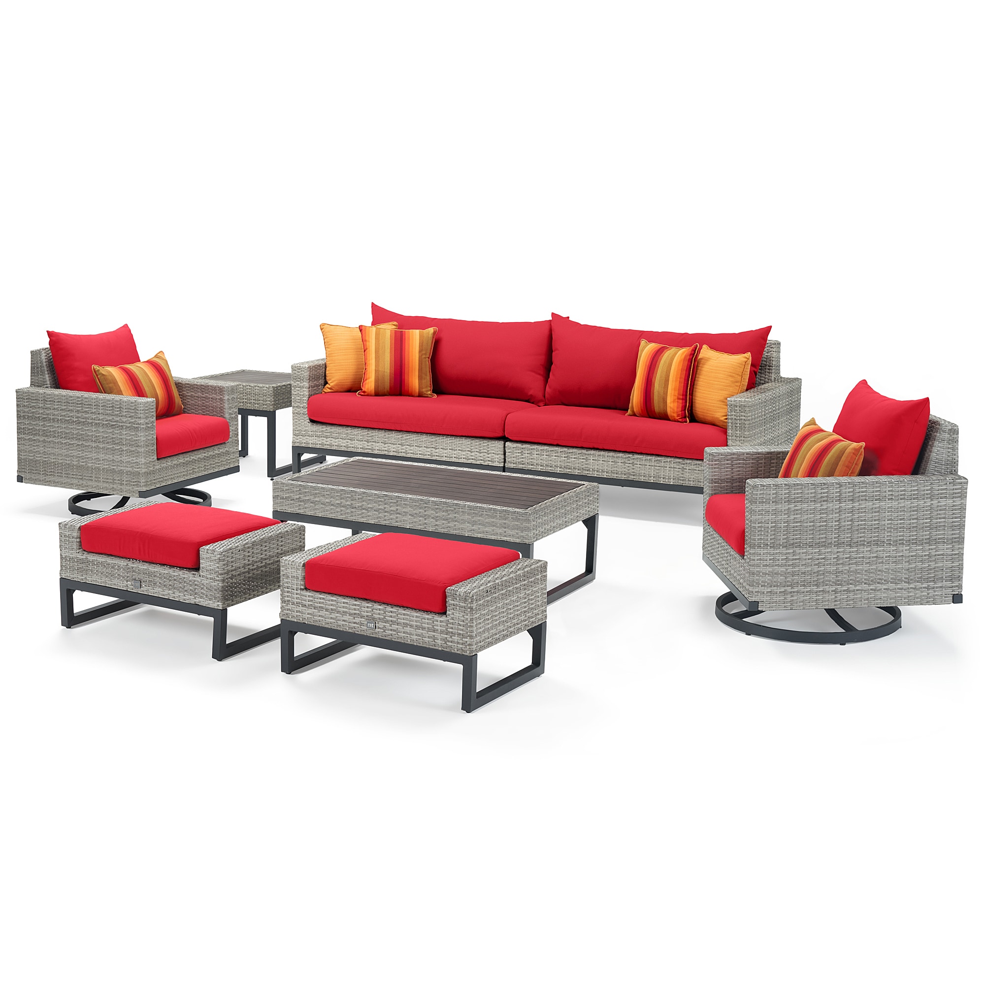 RST Brands OP-PESS8M-MILO-G-SUN Milo 8-Piece Rattan Patio Sofa Conversation Set with Red Sunbrella Cushions