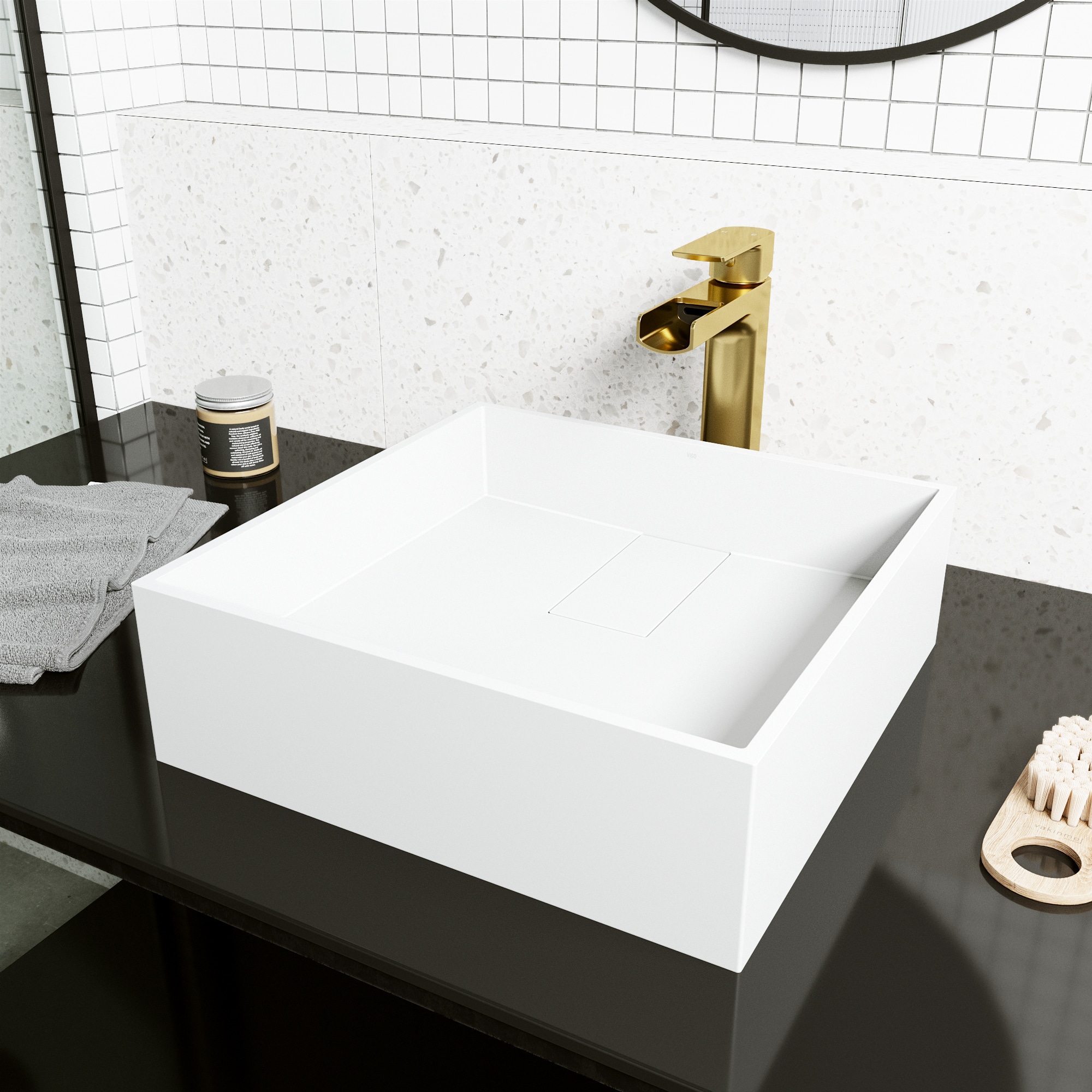 Matte White Stone Square Above-Counter Vessel Sink