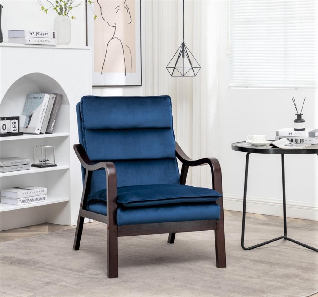 GDFStudio - Mid Century Modern Dark Blue Accent Chair with Wood Armrest Upholstered Reading Chair...