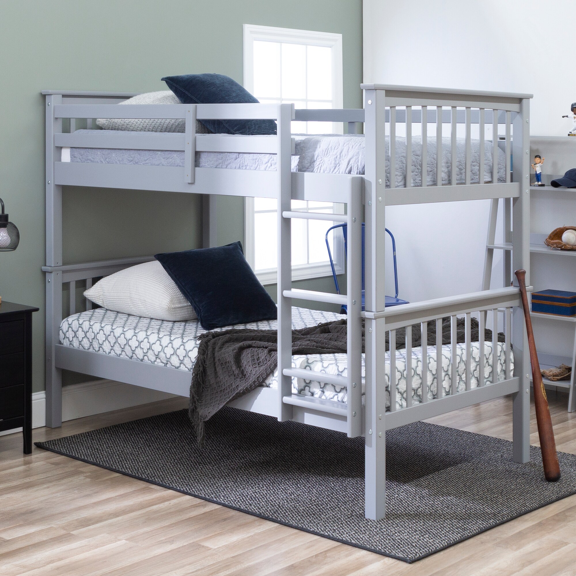 Walker Edison Gray Twin Over Twin Bunk Bed with Trundle and Storage ...