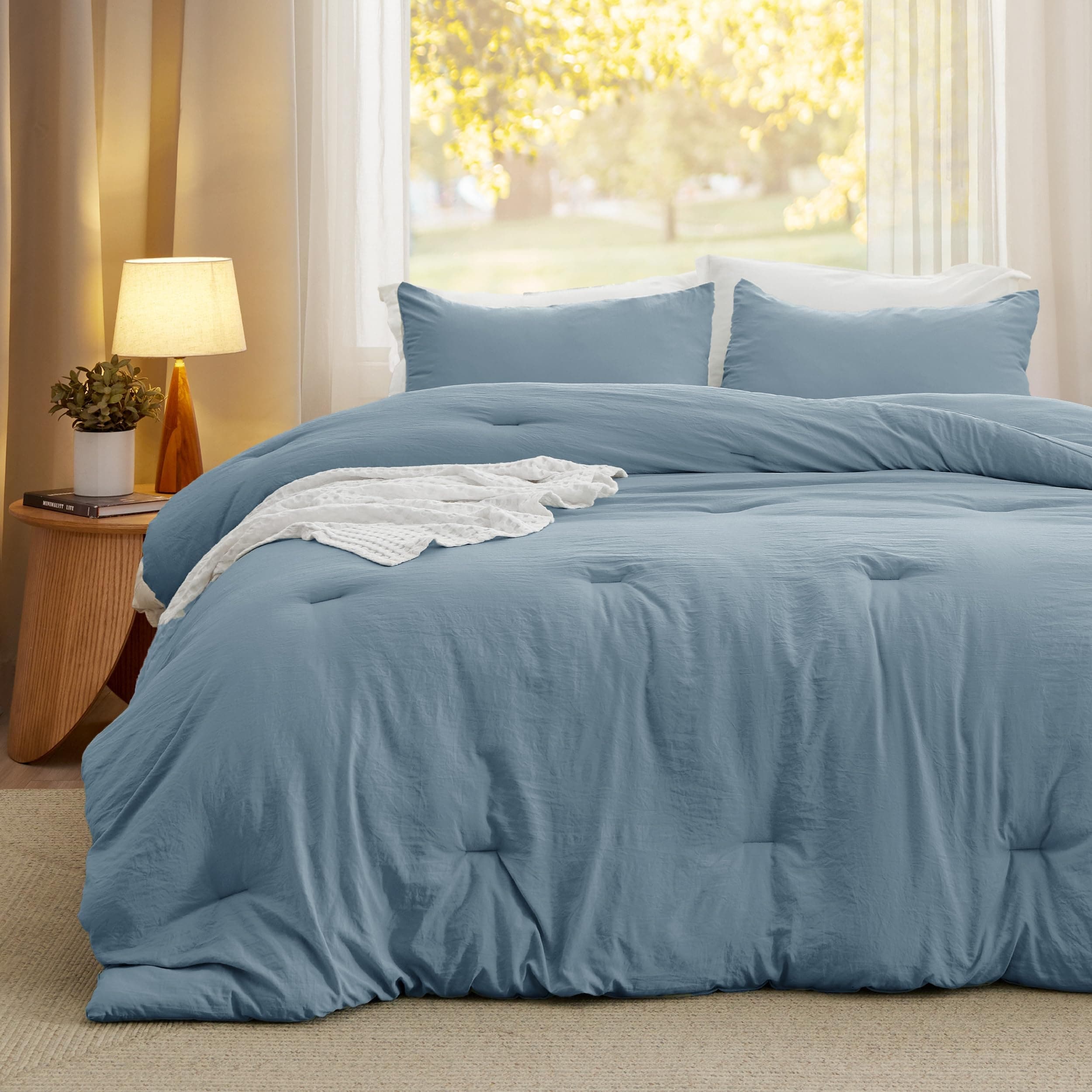 Bedsure 90x90 Queen 3-Piece Blue Cotton Comforter Set