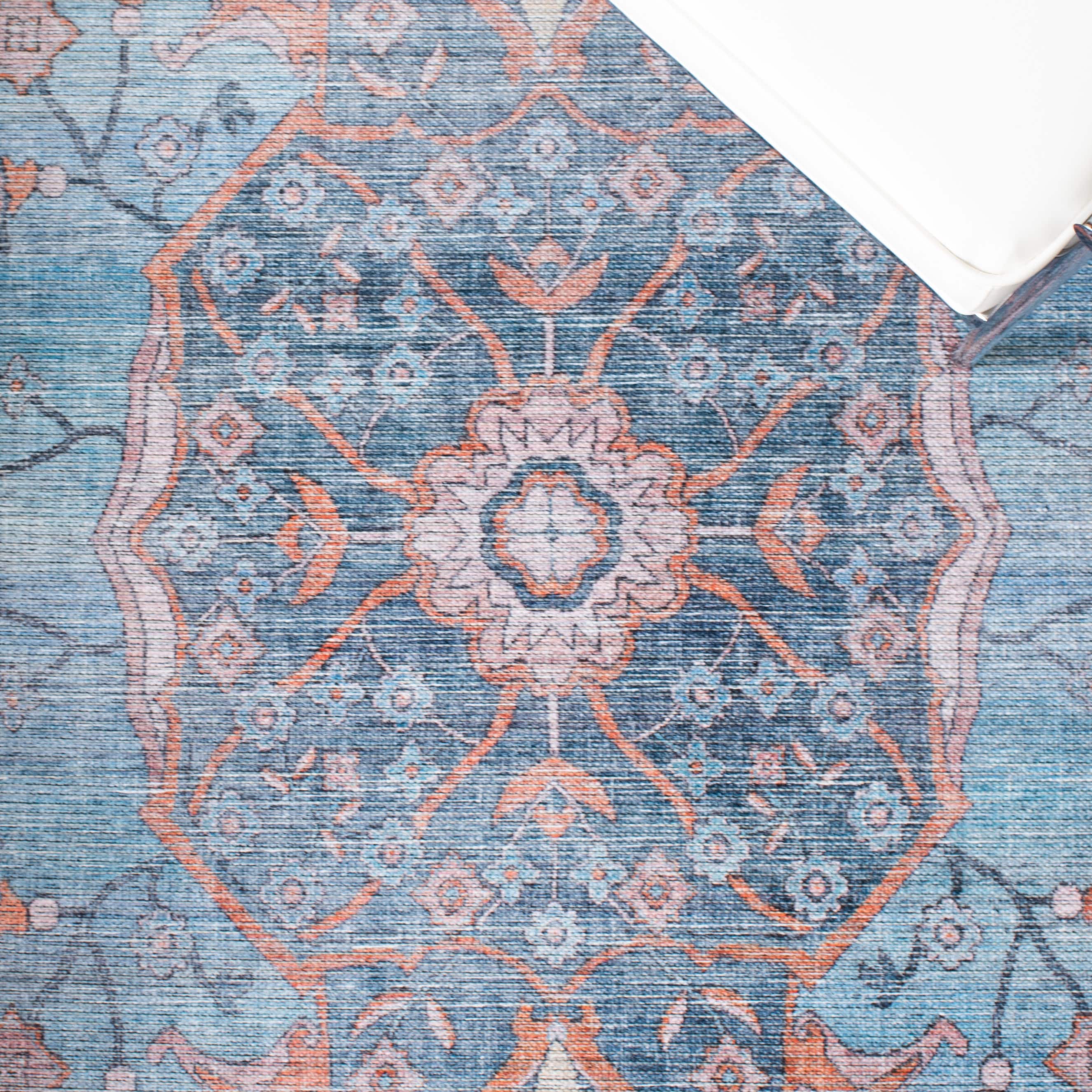 Blue and Orange 4' x 6' Washable Viscose Area Rug