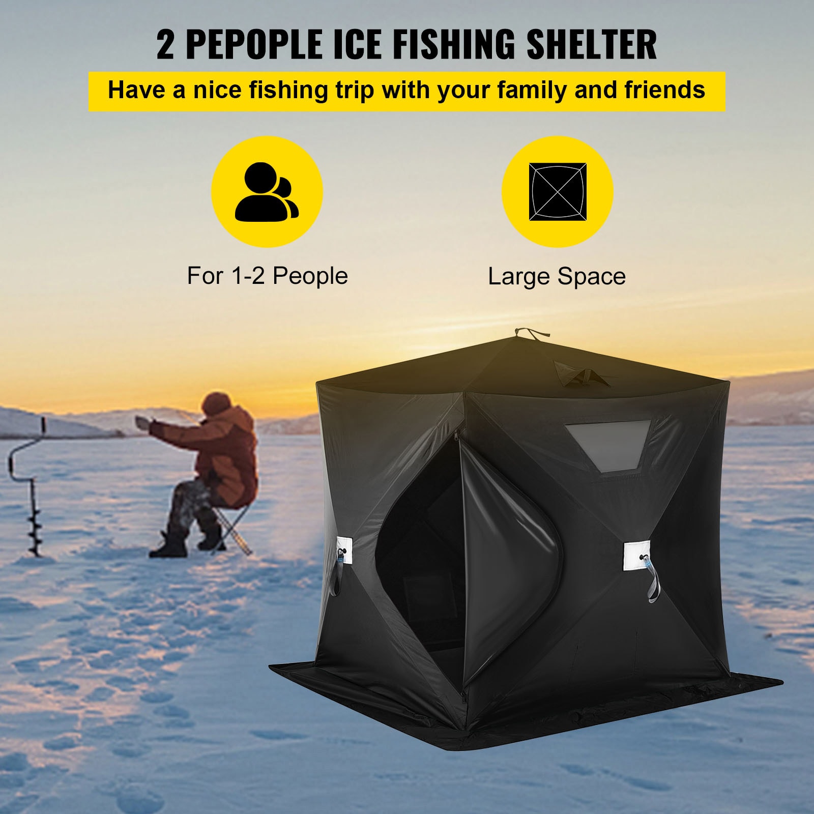 VEVOR 2-3 Person Ice Fishing Tent Nylon 2-Person Tent in Black | HSBDZP00000000001V0