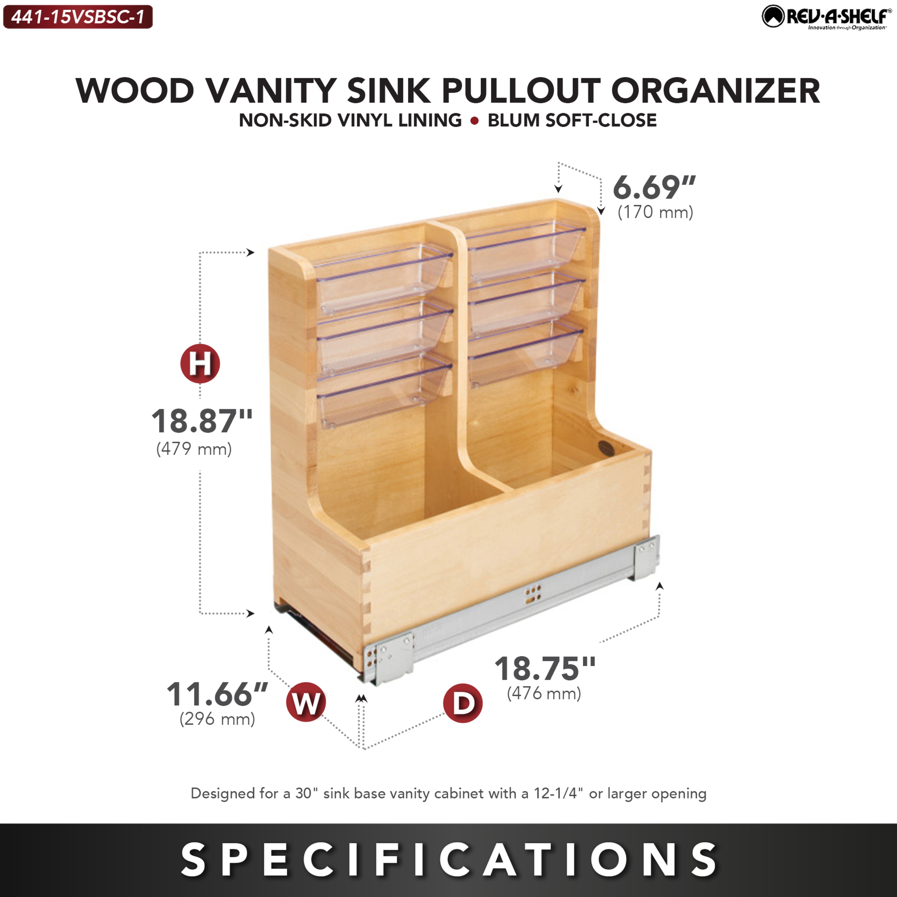 Maple Wood Under-Sink Cabinet Organizer with Chrome Rails and Soft-Close