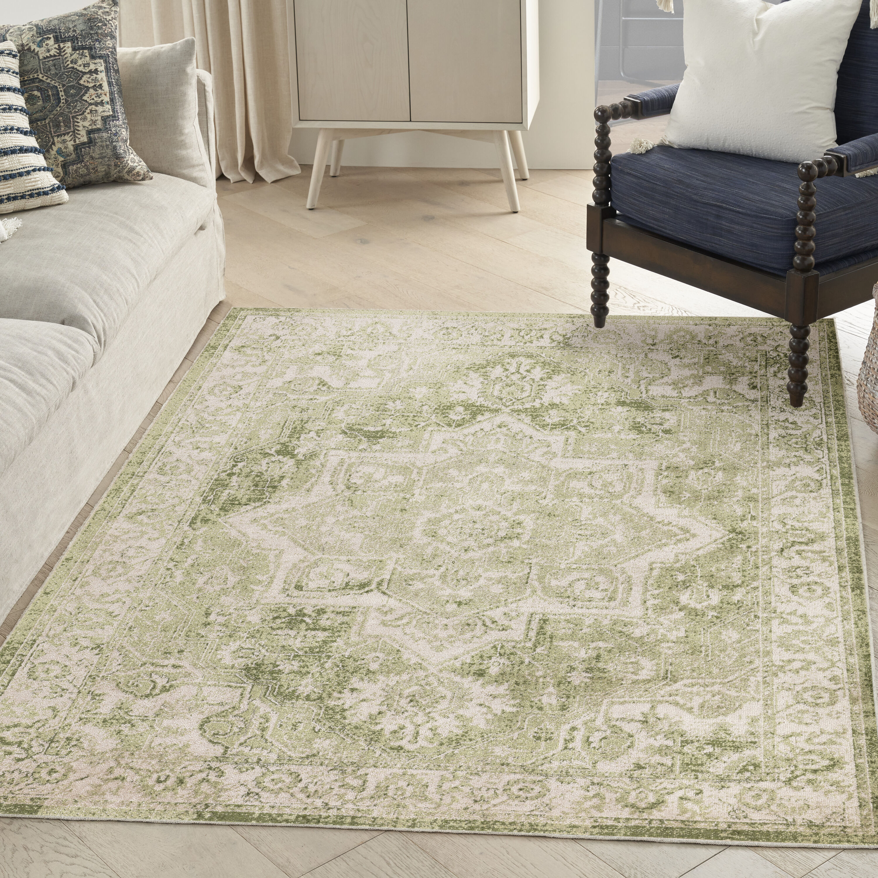 Nourison Home 099446964564 Astra Machine Washable 4 x 6 (ft) Loomed Polyester Ivory Green Rectangular Indoor Medallion Persian Machine washable Area rug
