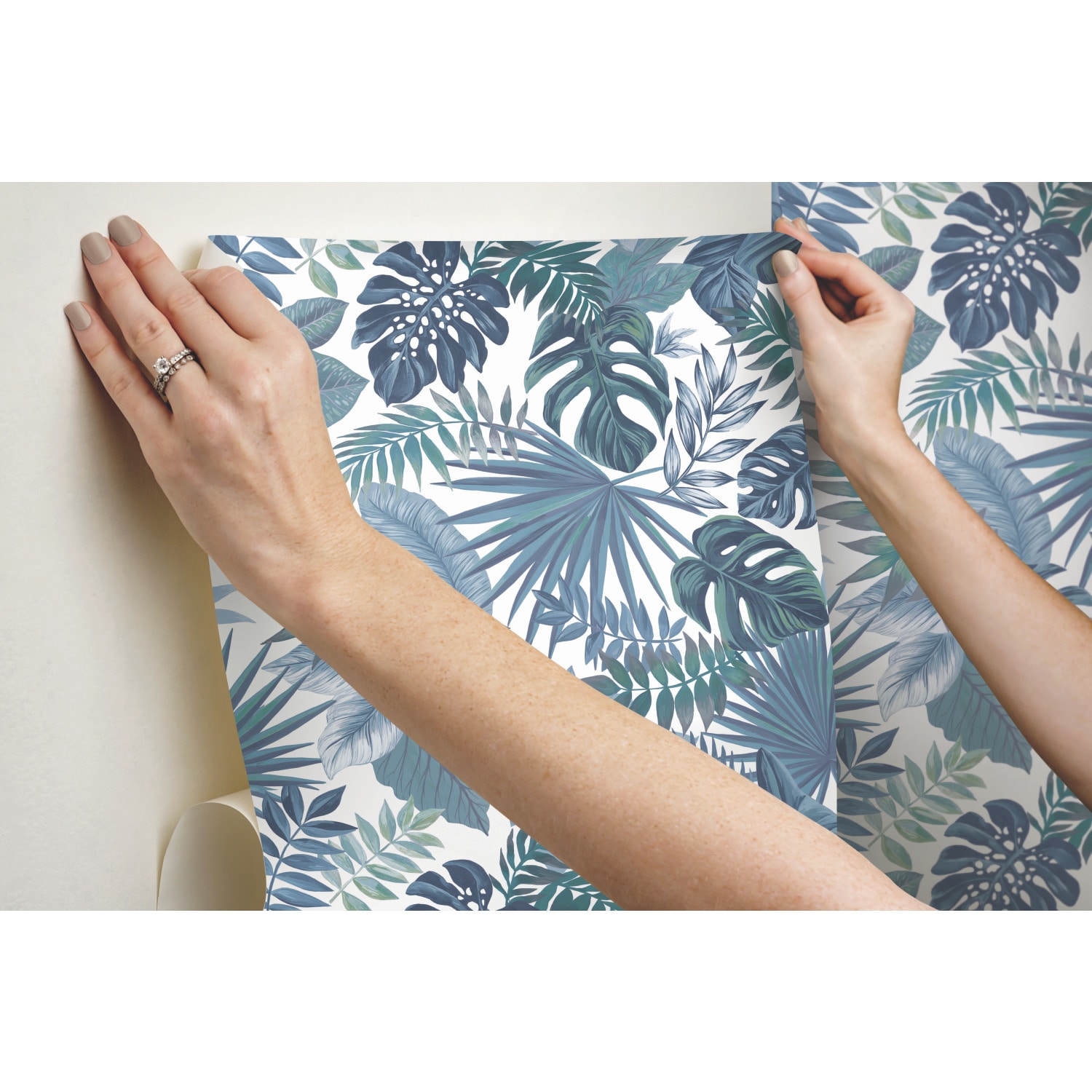 Blue and White Vinyl Palm Leaf Peel and Stick Wallpaper Roll