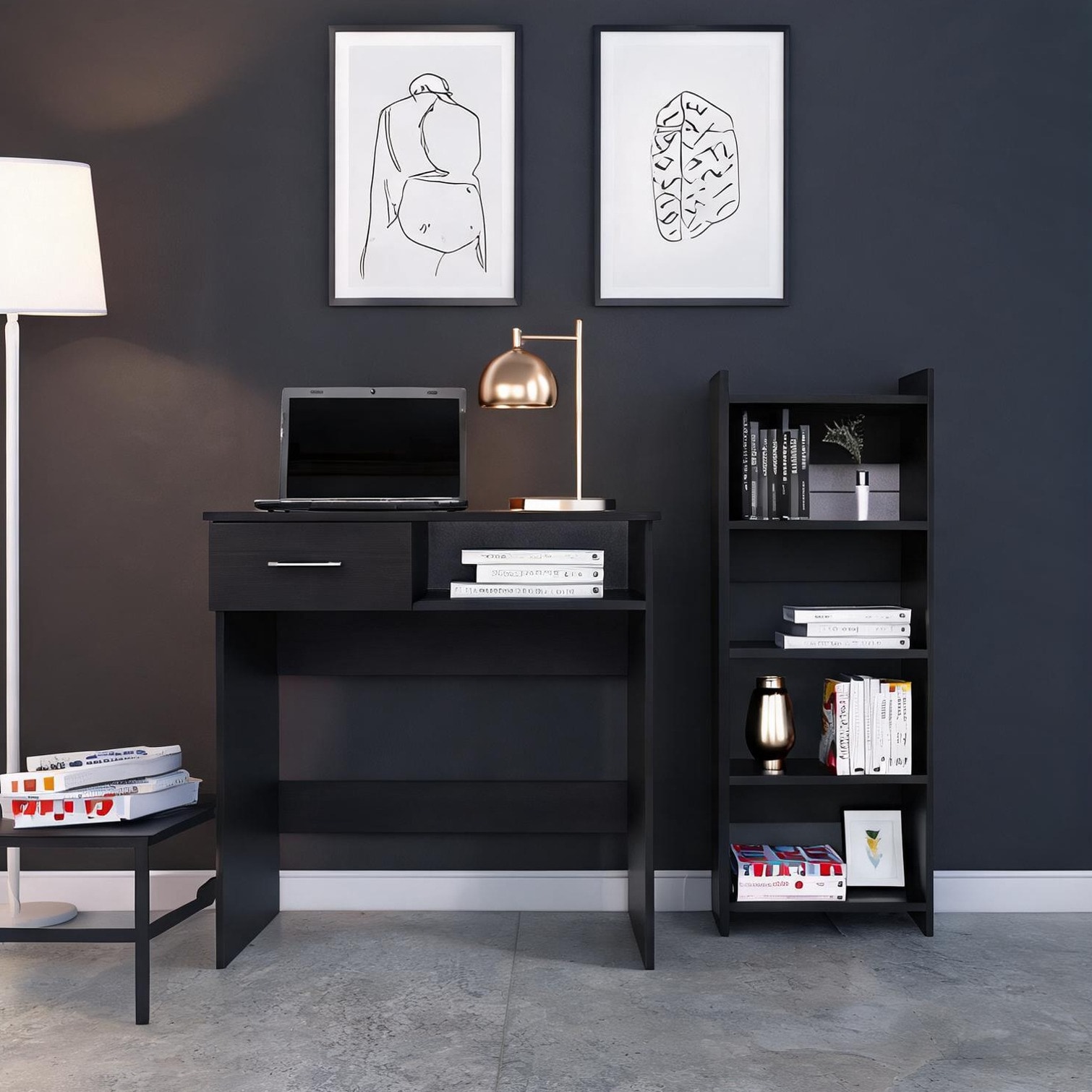 chillscreamni Sleek Black Wood Home Office Computer Desk Set with ...
