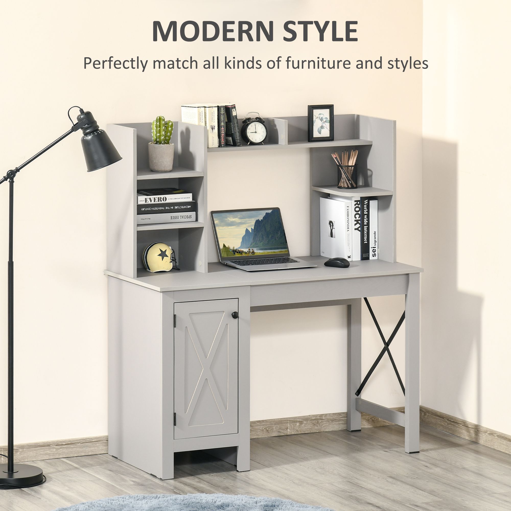 JUSHUA Light Gray Computer Desk with Bookshelves Cabinet Storage ...