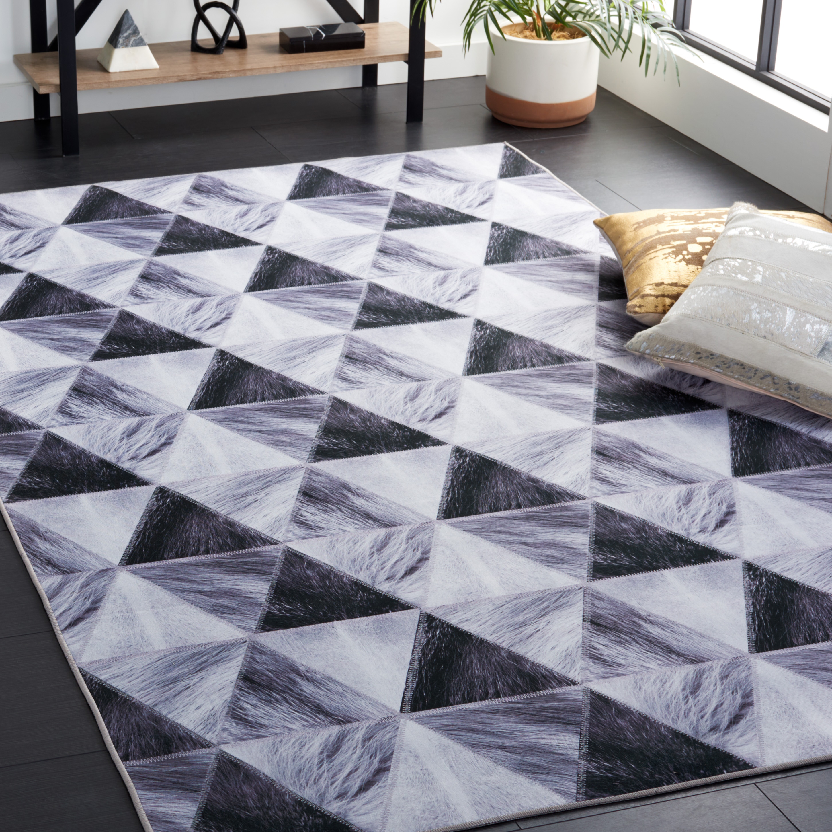 Gray Rectangular Washable Synthetic Rug with Non-slip Backing
