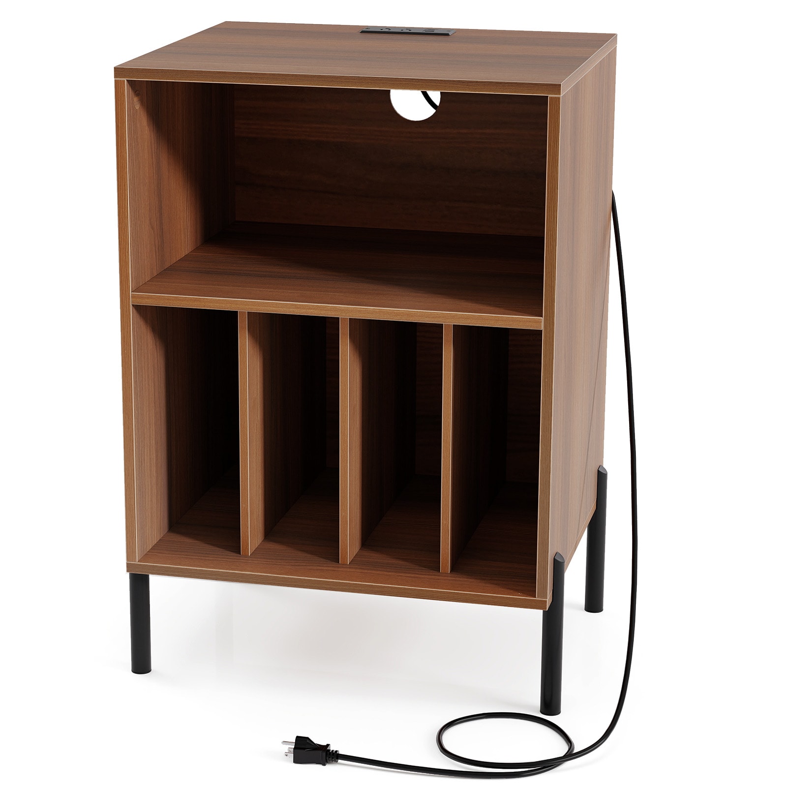 Slickblue Record Player Stand with 4 Storage Compartments and Built-In Charging Station Walnut #D-CO-TW-SU29111VJ