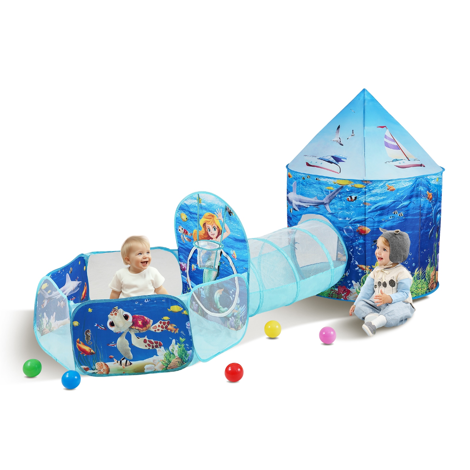 VEVOR - 3 in 1 Kids Play Tent with Tunnel  Basketball Hoop for Boys  Girls  Babies and Toddlers  ...
