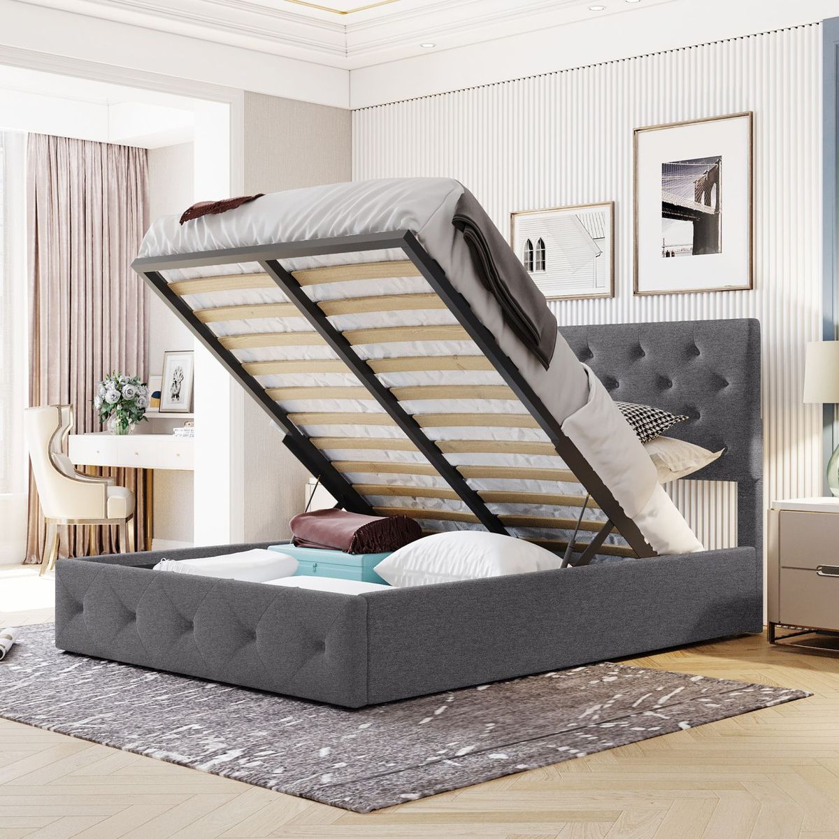 JASMODER LP000711AAE Gray Full Composite Platform Bed with Storage