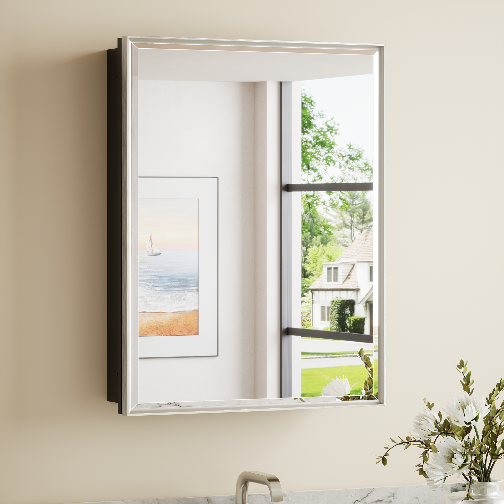 Keonjinn Medicine Cabinet Mirror 20-in x 26-in Surface/Recessed Mount Brushed Nickel Mirrored Rectangle Soft Close Medicine Cabinet