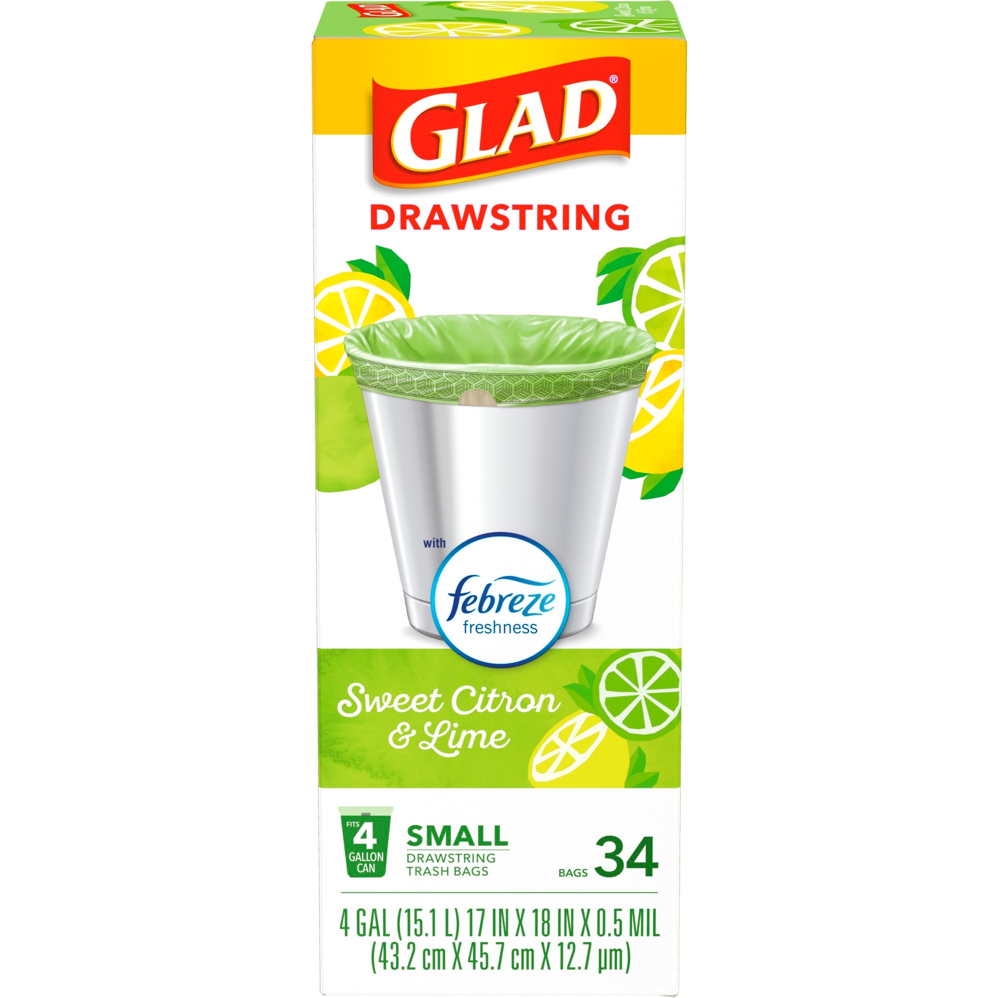 Glad OdorShield 4-Gallons Febreze Sweet Citron and Lime White Plastic  Wastebasket Drawstring Trash Bag (34-Count) in the Trash Bags department at