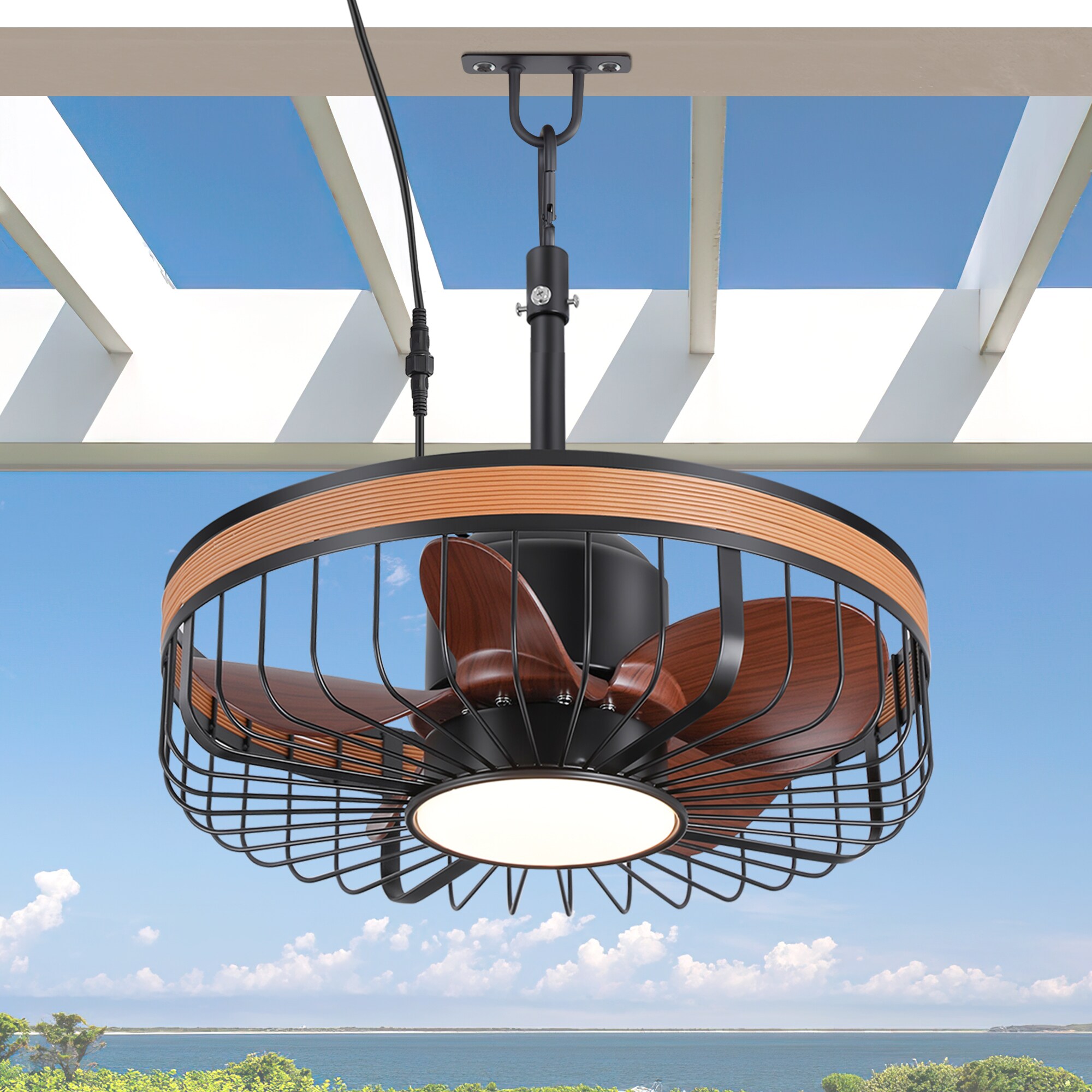 Flashwind 19-in Matte Black with Dark Wood Grain Blades LED Wet Rated Indoor/Outdoor Downrod Mount Cage Ceiling Fan With Remote Control Included 5-Blade