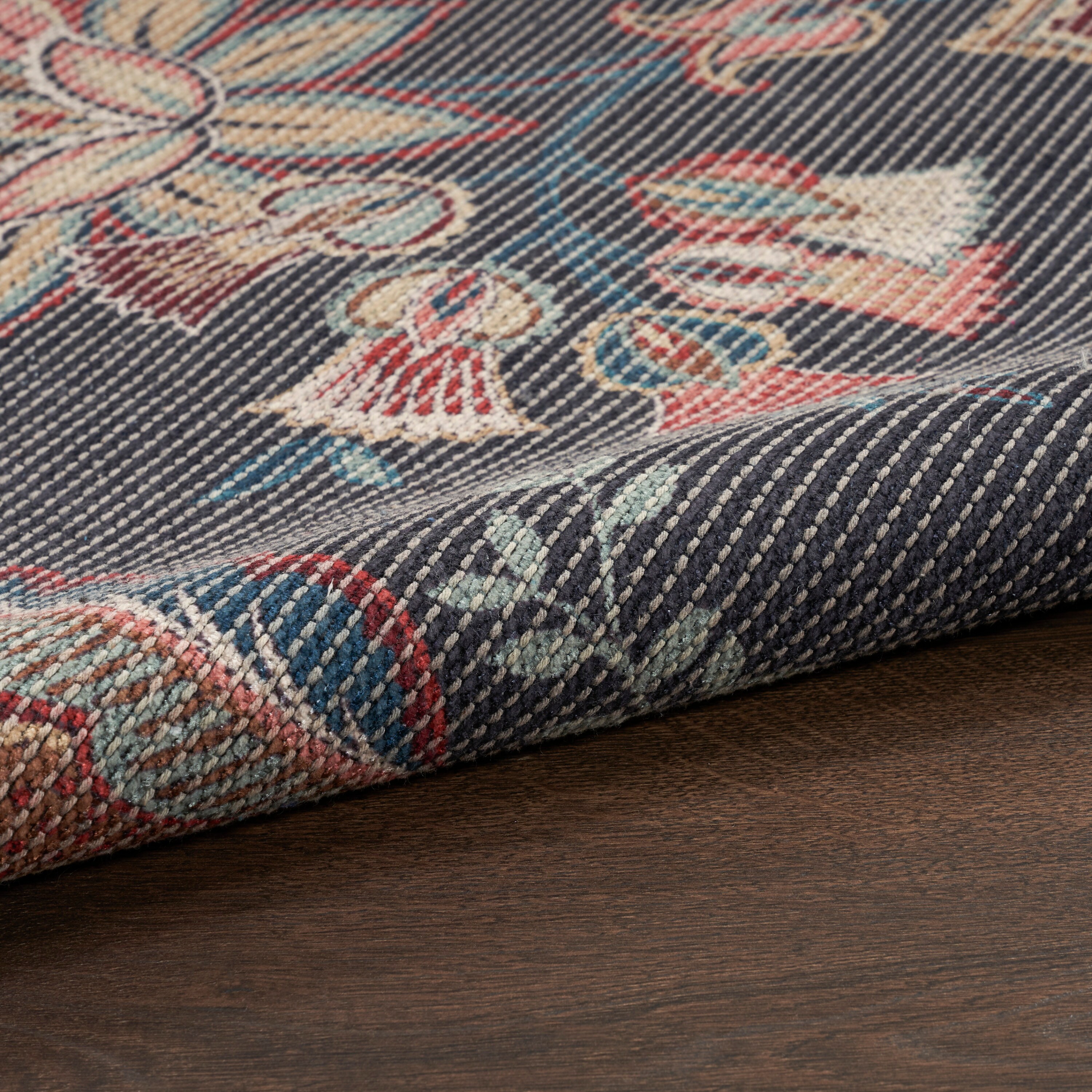 Charcoal Floral Rectangular Washable Synthetic Rug