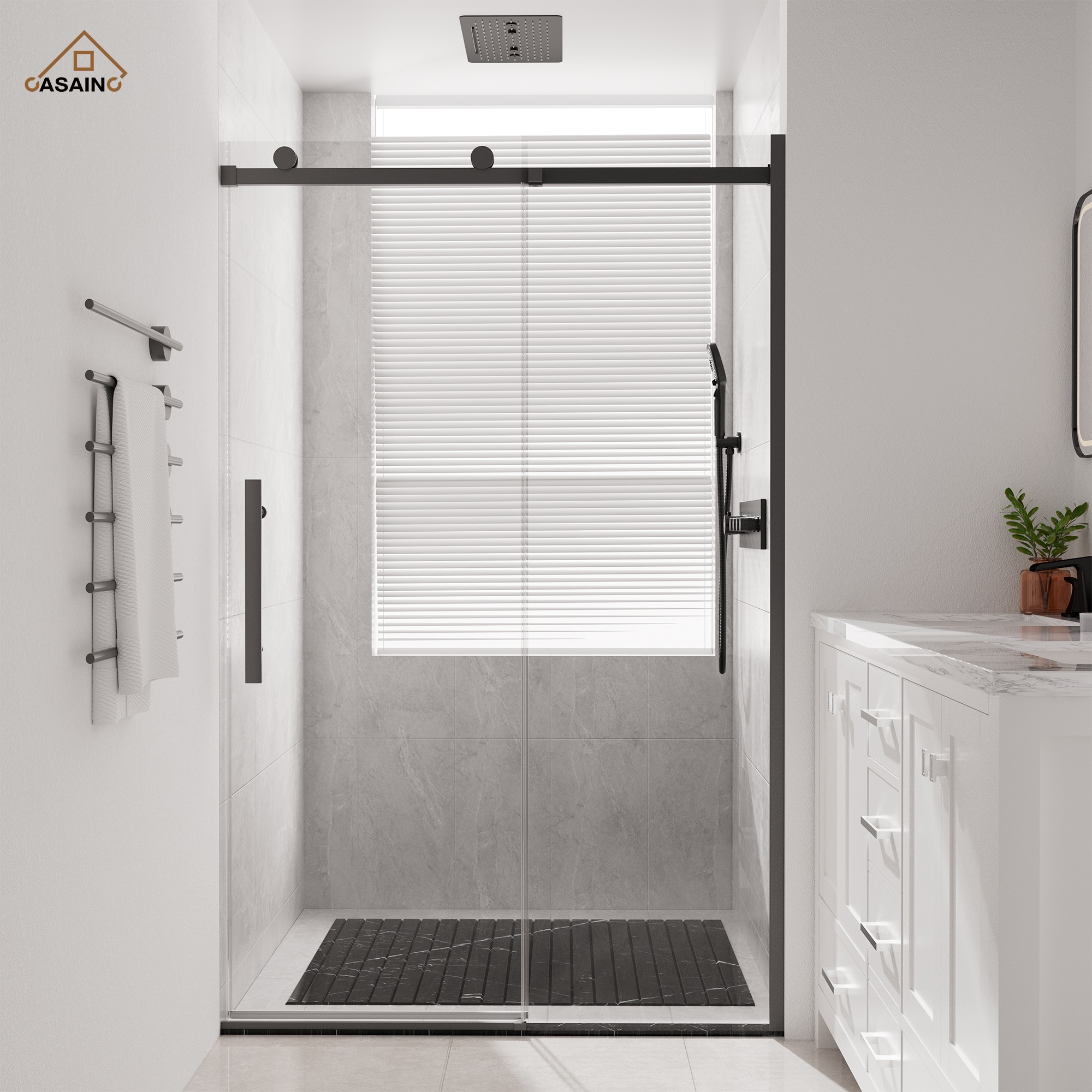 CASAINC BP05P2-6062CC Matte black 44-in to 48-in W x 76-in H Frameless Clear Glass Sliding Soft Close Shower door