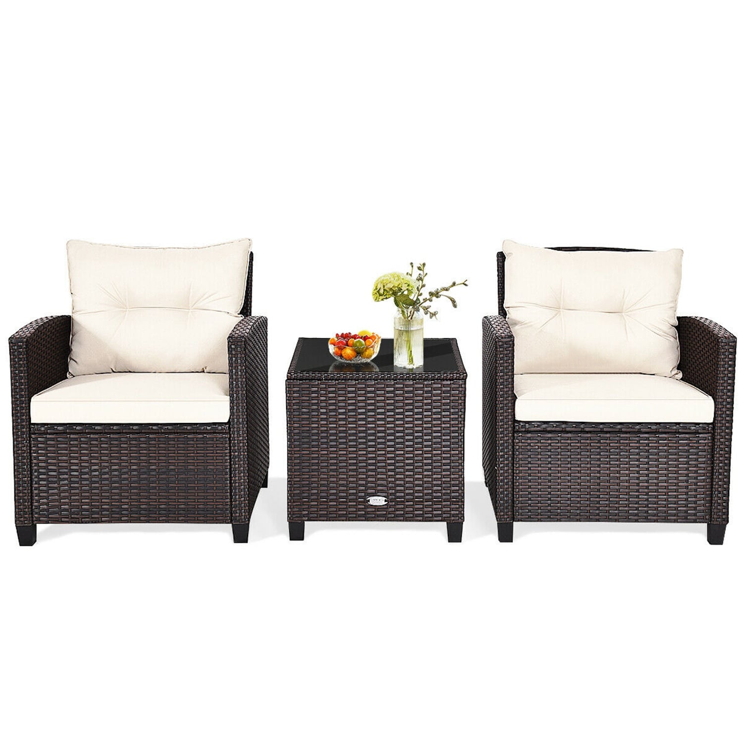 Forclover HYFC-8667BN 3-Pieces Wicker Patio Conversation Set 3 -Piece Rattan Patio Conversation Set with Beige Cushions