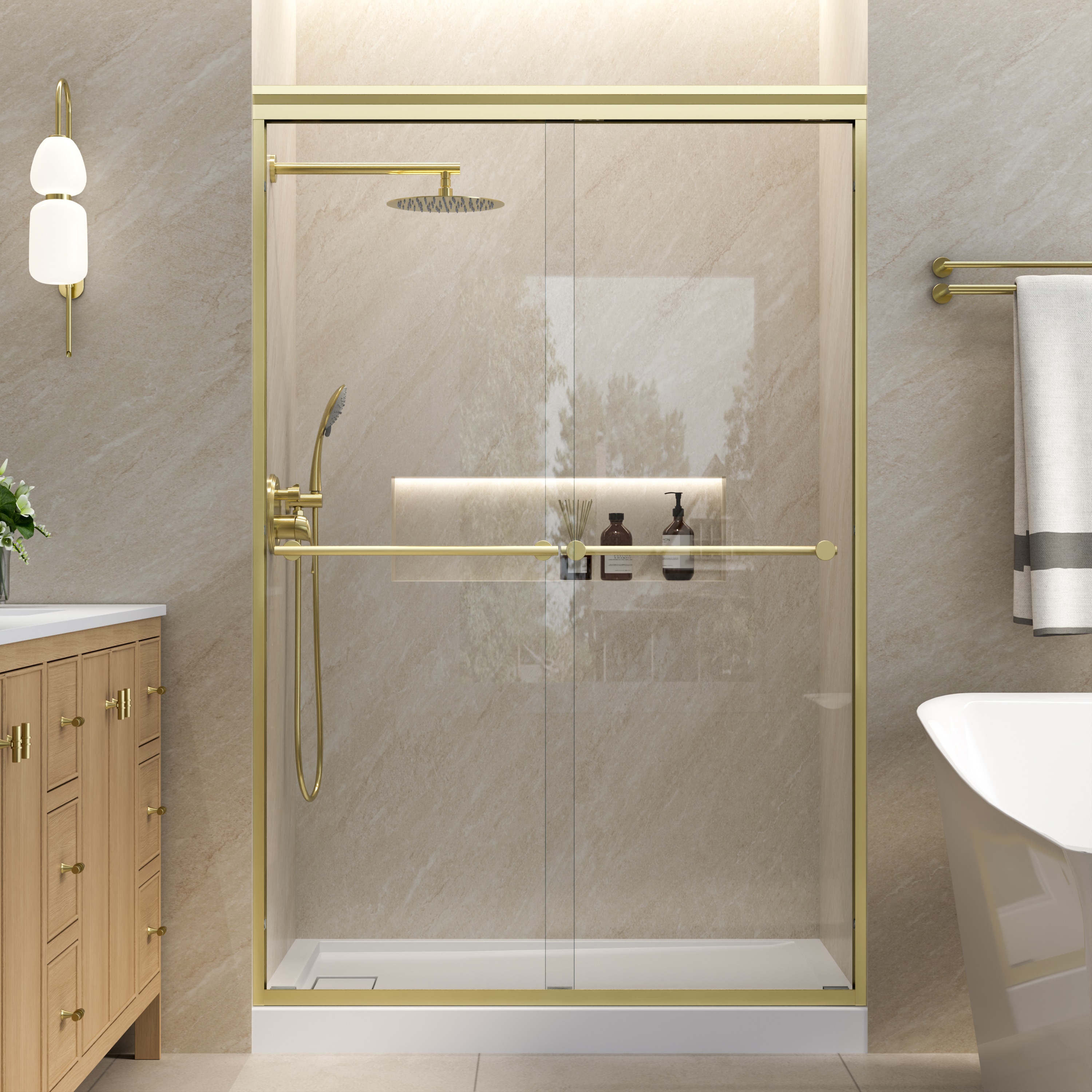 WELLFOR GY Track Sliding Shower Door Brushed Gold 44-in to 48-in W x 72-in H Framed Clear Glass Bypass Sliding Shower door