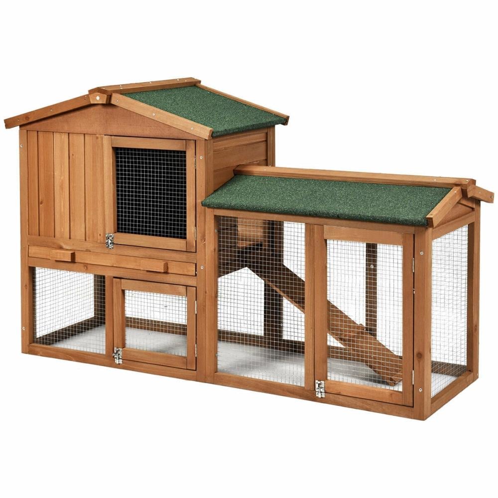 Fir Wood Rabbit Hutch Outdoor Bunny Small Poultry Cage with Removable Tray Ramp 