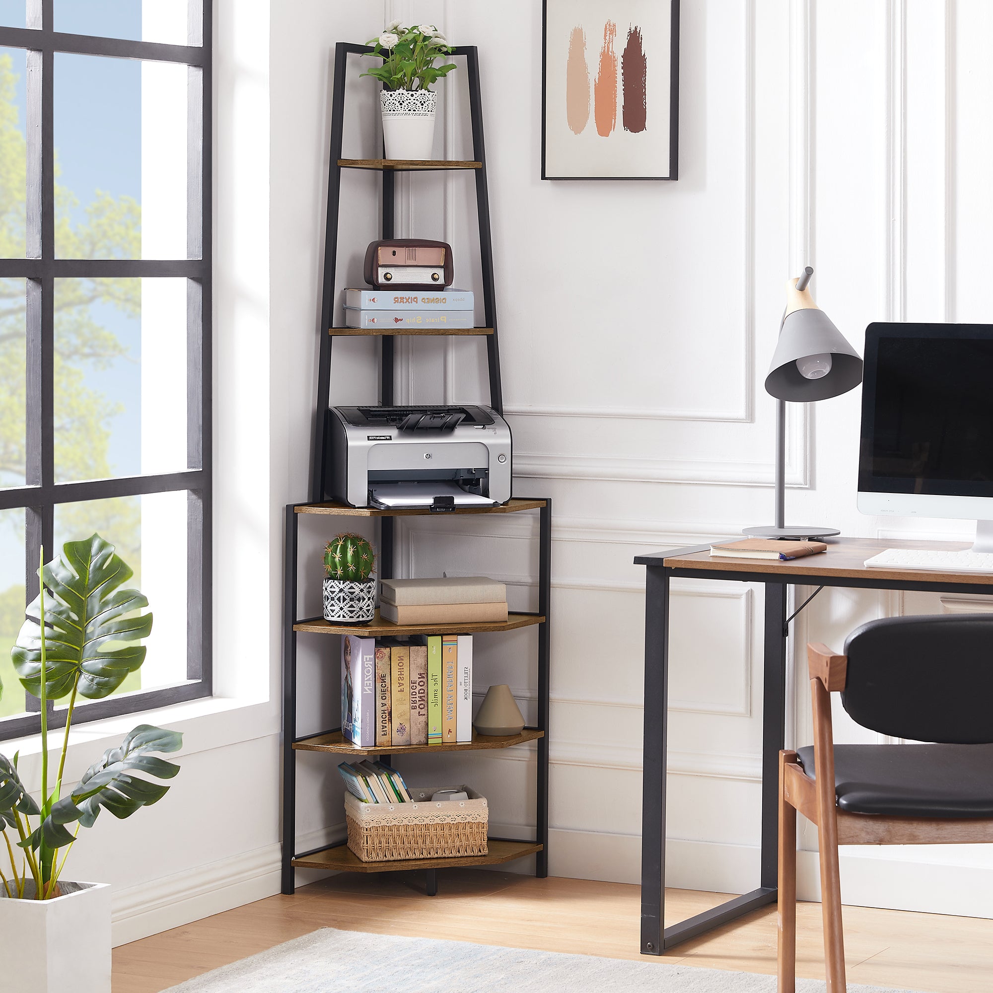 Vecelo LOE-XF-CCS03-BRN 6 Tier Corner Shelf 69 Inch Industrial Bookshelf with Metal Frame Multipurpose Tall Plant Stand with Opening Display Shelves for Living Room Bedroom Home Office