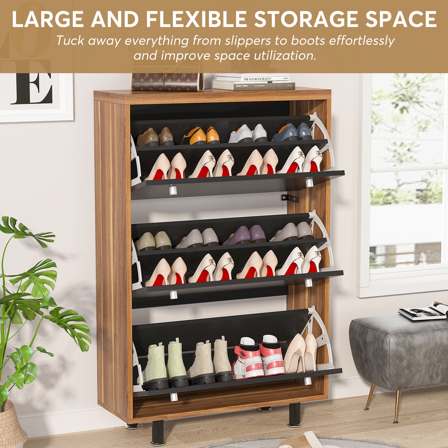 Tribesigns 43.31-in H 5 Tier 18 Pair Brown Engineered Wood Shoe Cabinet in  the Shoe Storage department at