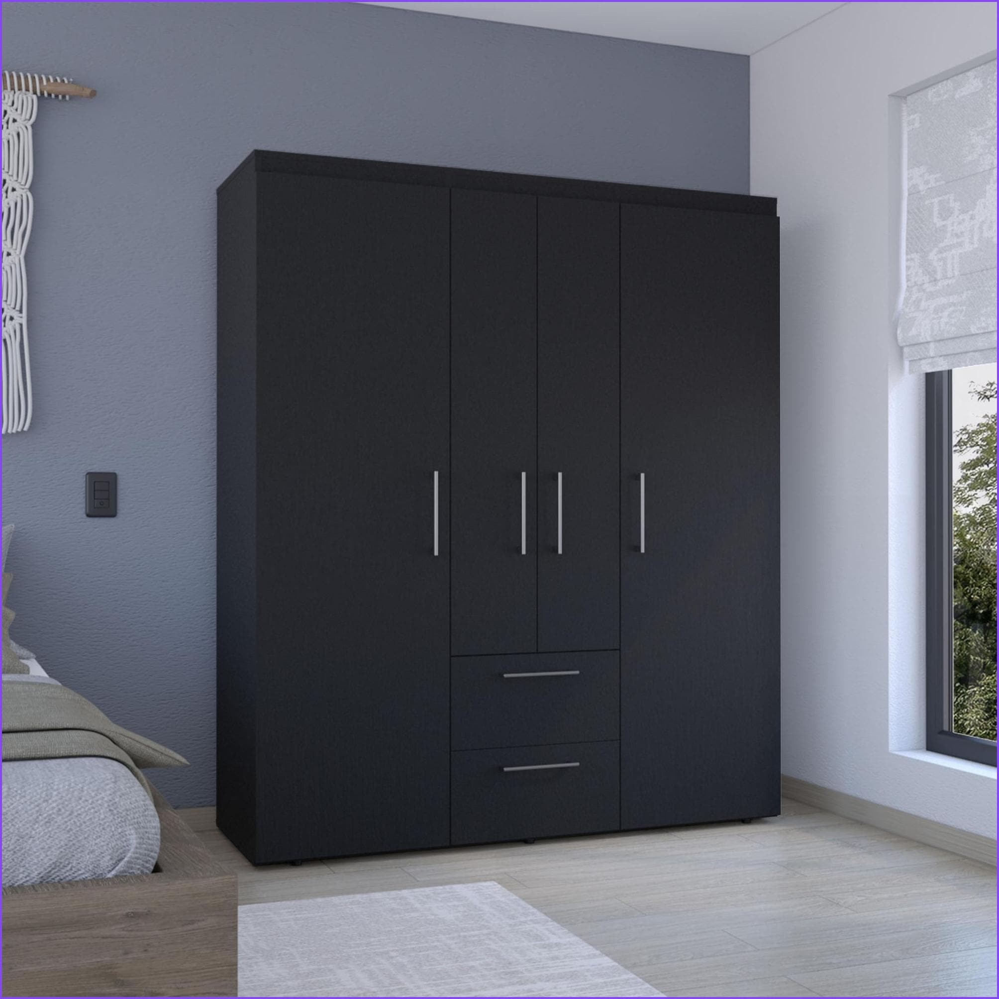 SunJet Wardrobe Deluxe Armoire with Multiple Storage Options and Metal Accents Black