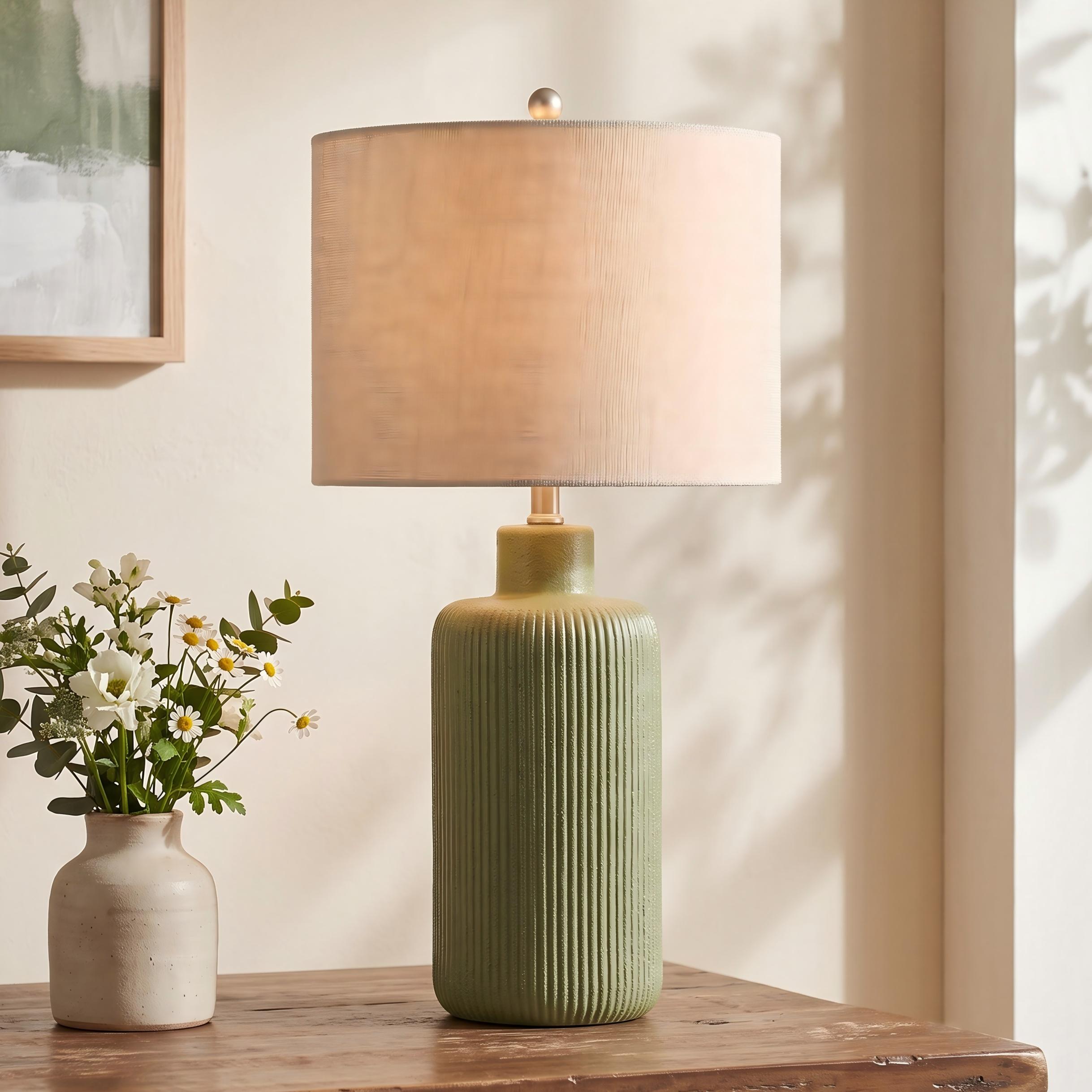 KAWOTI Zella 25-in Rustic Green LED Rotary socket Table Lamp with Linen Shade