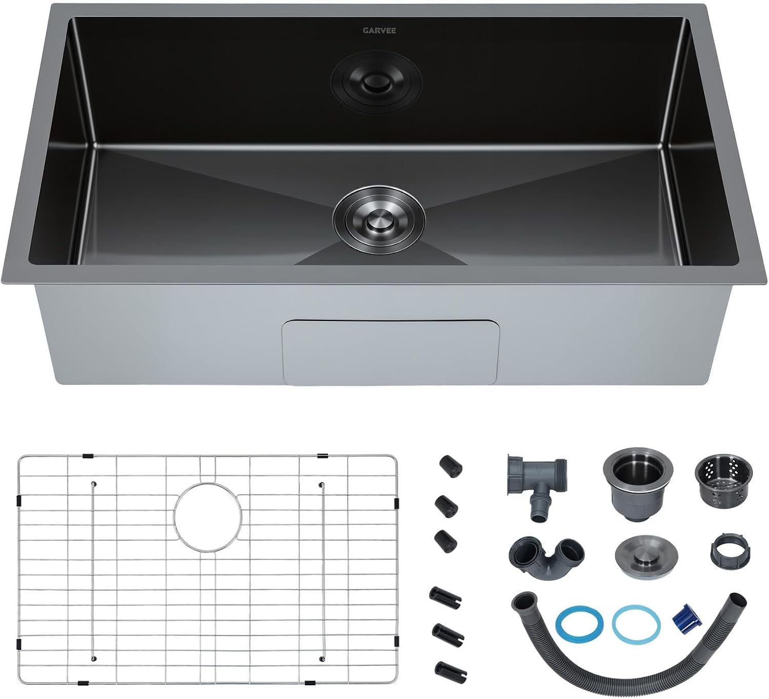 IdealHouse 32 Inch Undermount Workstation Sink Black 201 Stainless Steel Honeycomb-textured finish integrated accessory ledge 9 in deep bowl 4.5 in drain opening