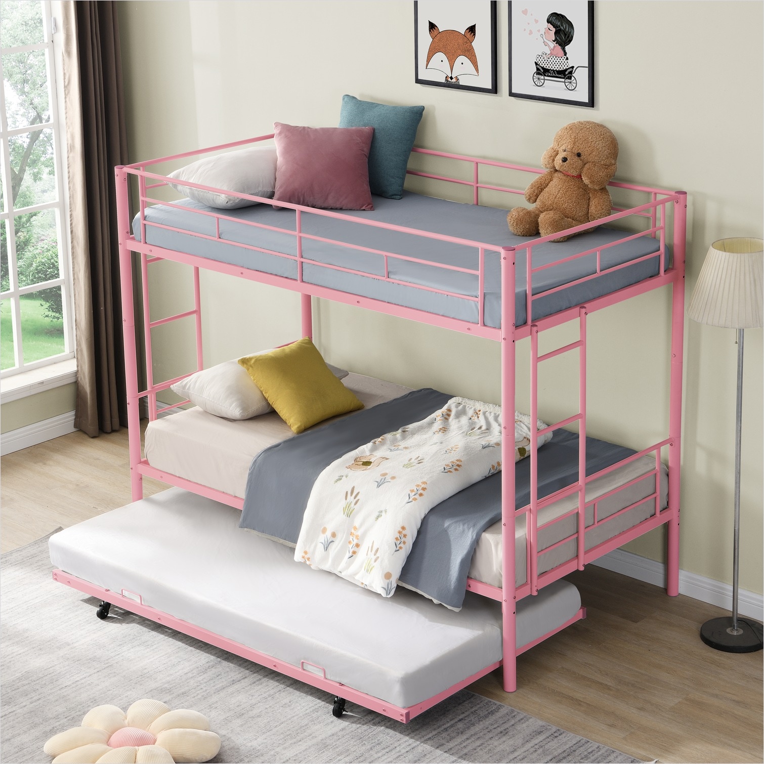 Watnature Triple Twin Metal Bunk Bed with Trundle in Soft Pink Space ...