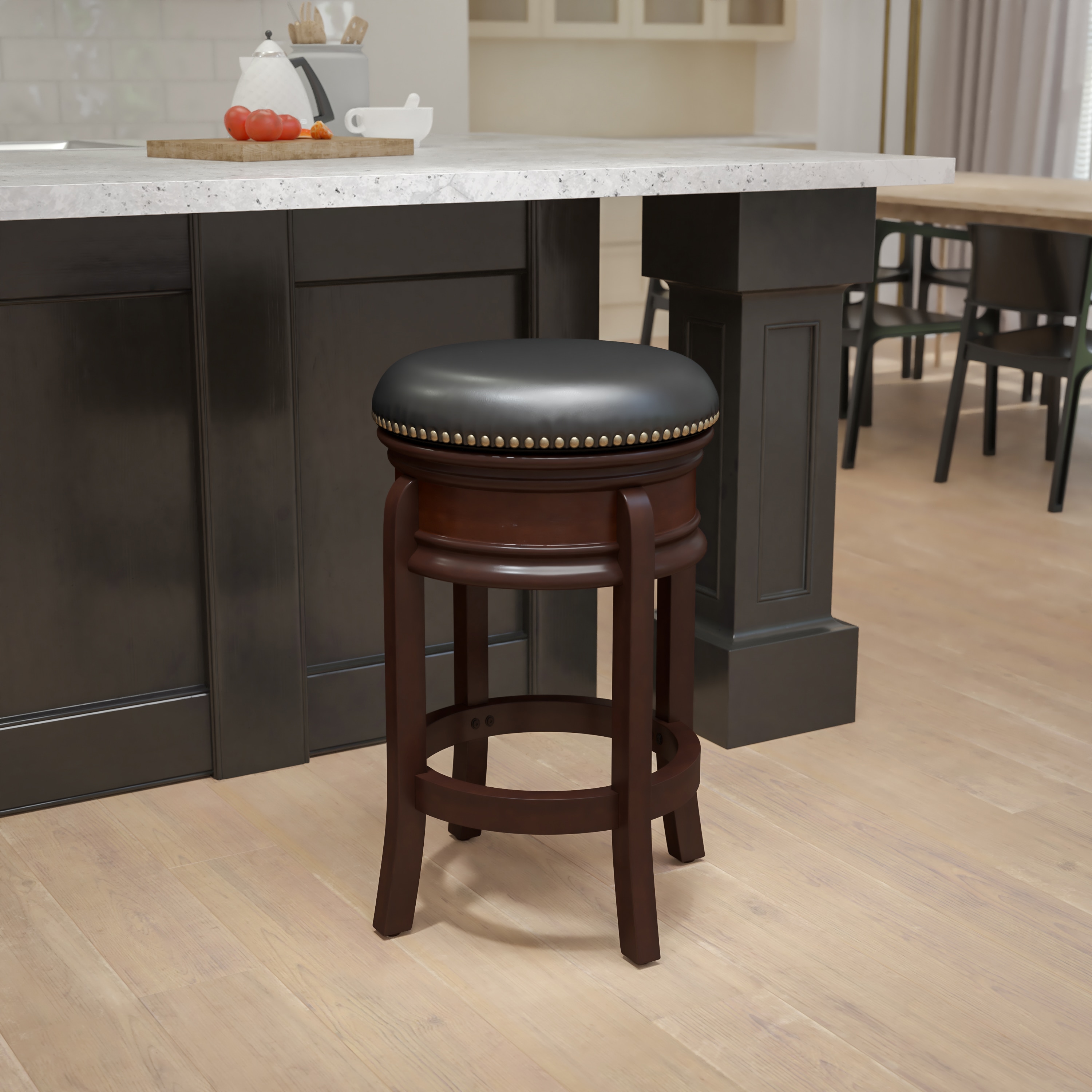 24'' Black Leather Swivel Saddle Wood Counter Stool