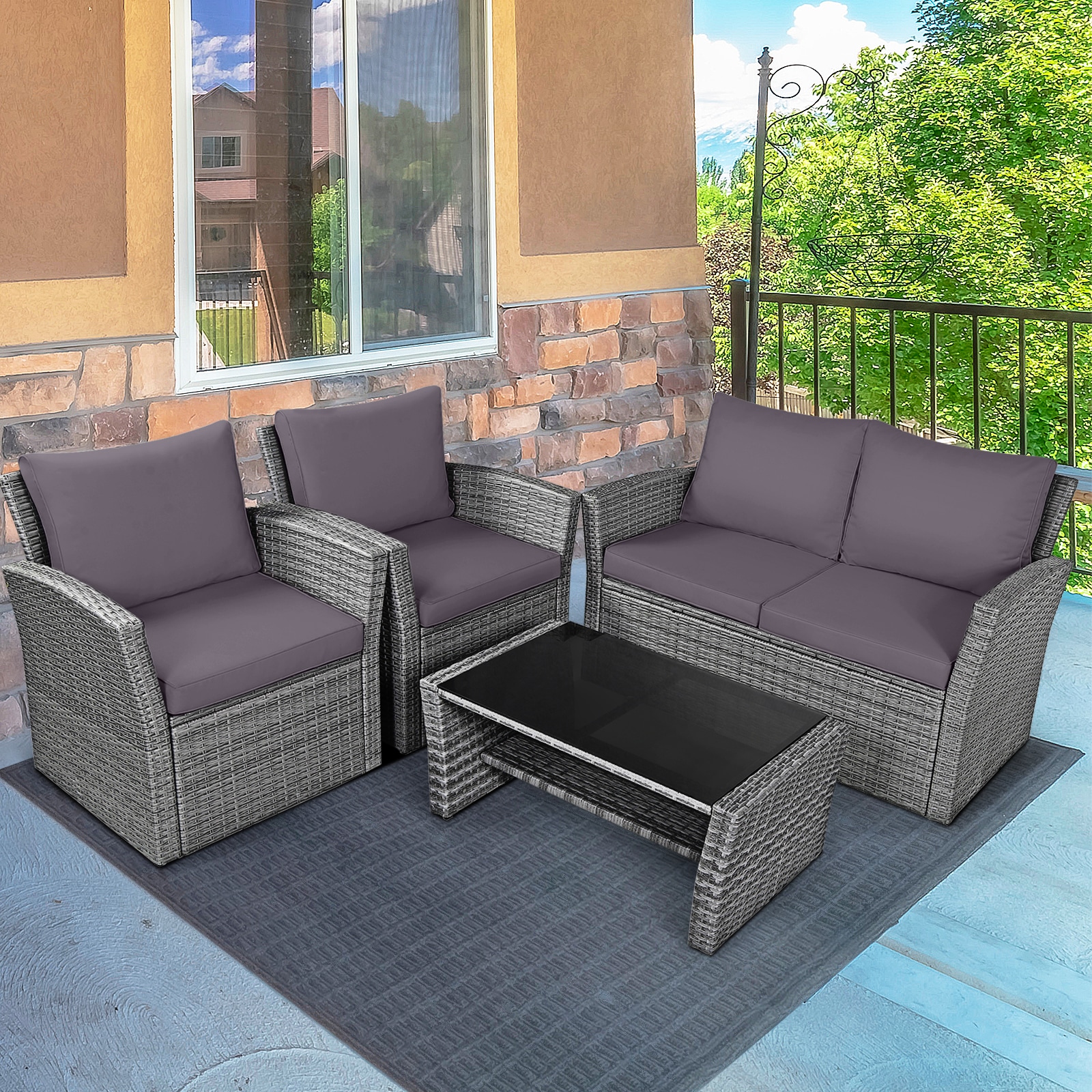 Forclover HBV-841AGR 4 -Piece Rattan Patio Conversation Set with Gray Cushions
