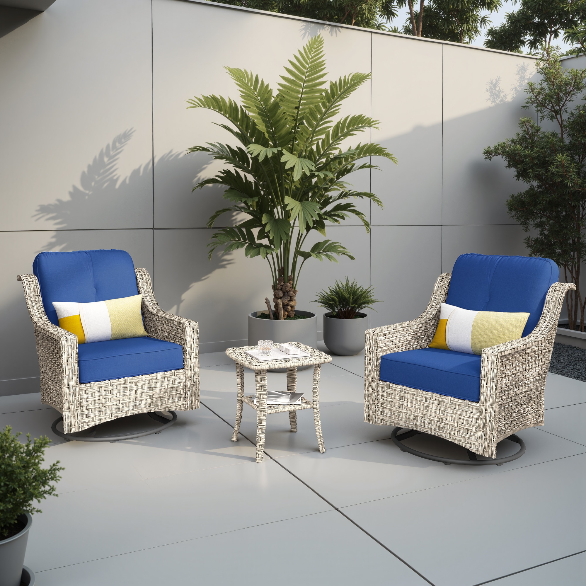 weaxty HMBPADYZ700S3 Aireno Set of 2 Wicker Black Steel Frame Swivel rocker Conversation Chair with Blue Cushioned Seat