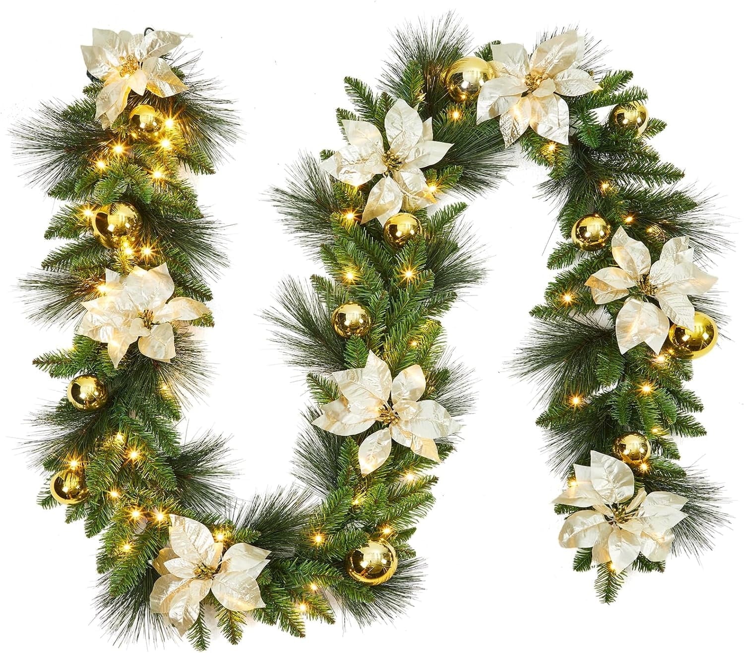 Garvee 9ft Pre-Lit Artificial Christmas Garland with 70 Warm White LED Lights- Flocked Pine for Staircase- Fireplace- Indoor/Outdoor Holiday Decor- Gold Christmas Garland