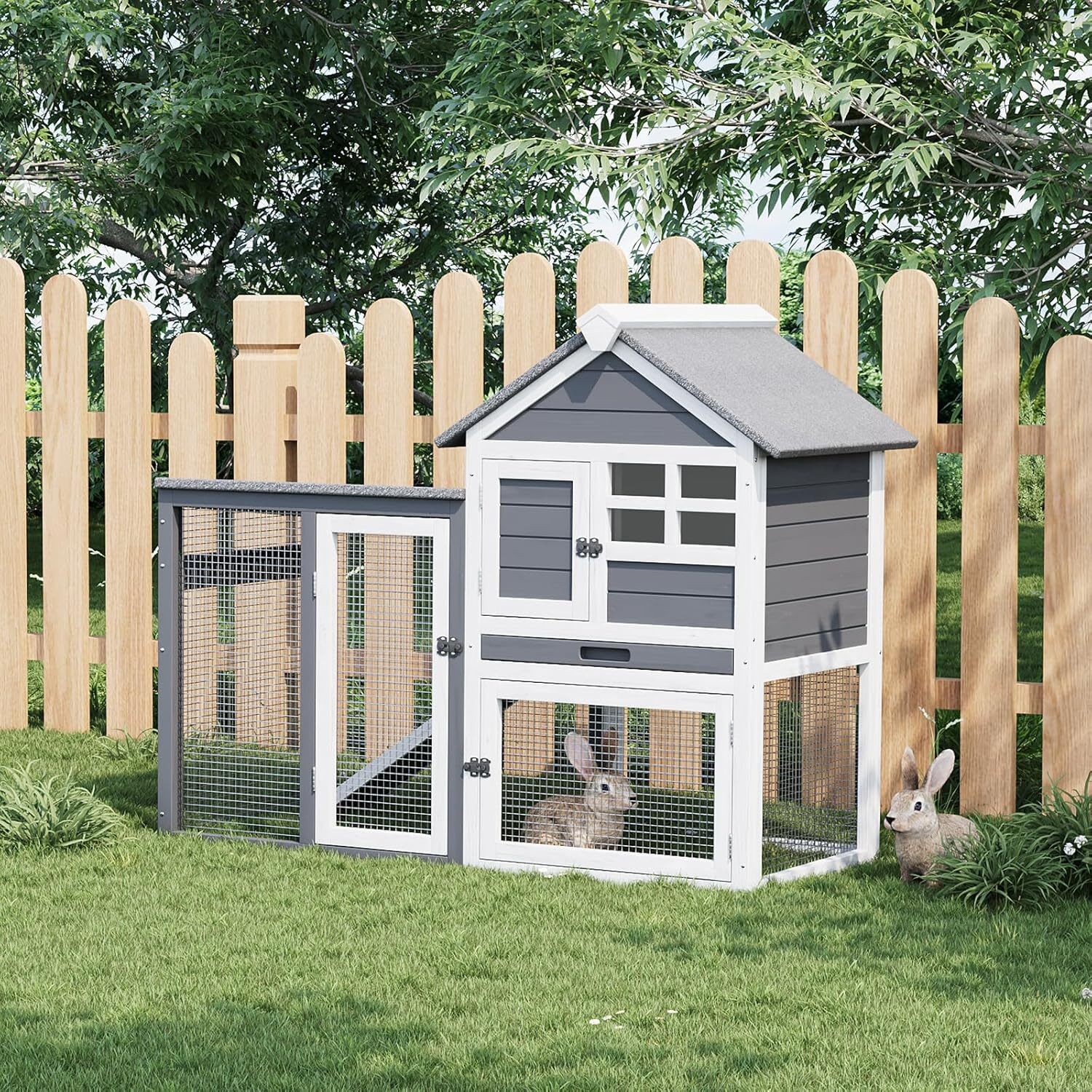 Qeetex GGL-PPS-334NCT4P 2-Tier Rabbit and Chicken House - Weatherproof Outdoor/Indoor Pet Cage with Non-Slip Ramp 4 Access Doors Pull-Out Tray for Rabbits Guinea Pigs Ferrets