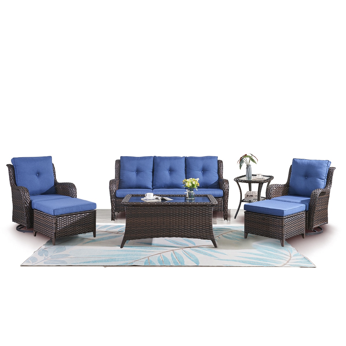 Rilyson FS013141835-1 7 -Piece Wicker Patio Sofa Conversation Set with Blue Cushions