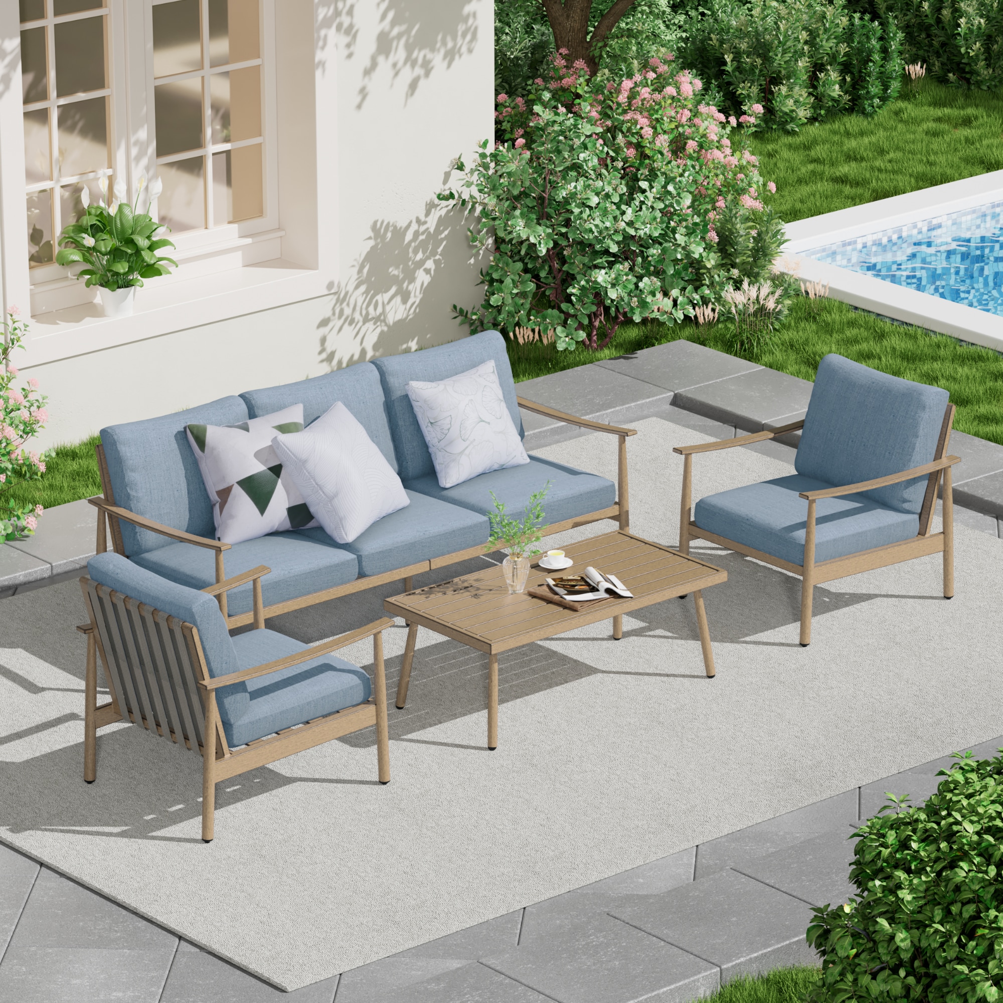  CP-SF4-ZL-B2-WL2 4 -Piece Patio Sofa Conversation Set with Blue Cushions