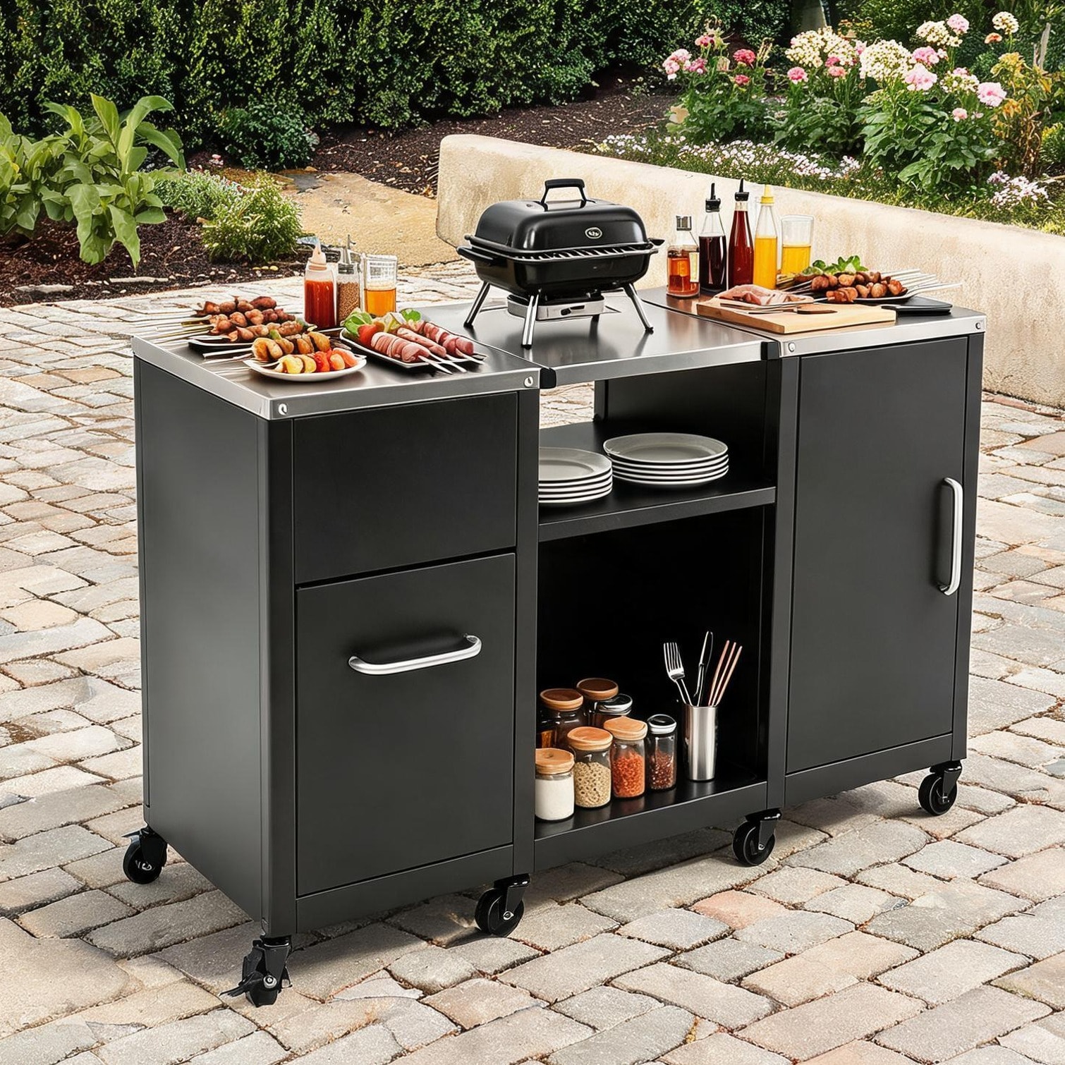 BBabe Cabinet featuring 59-Inch Stainless Steel Outdoor Prep Table Storage and Shelving
