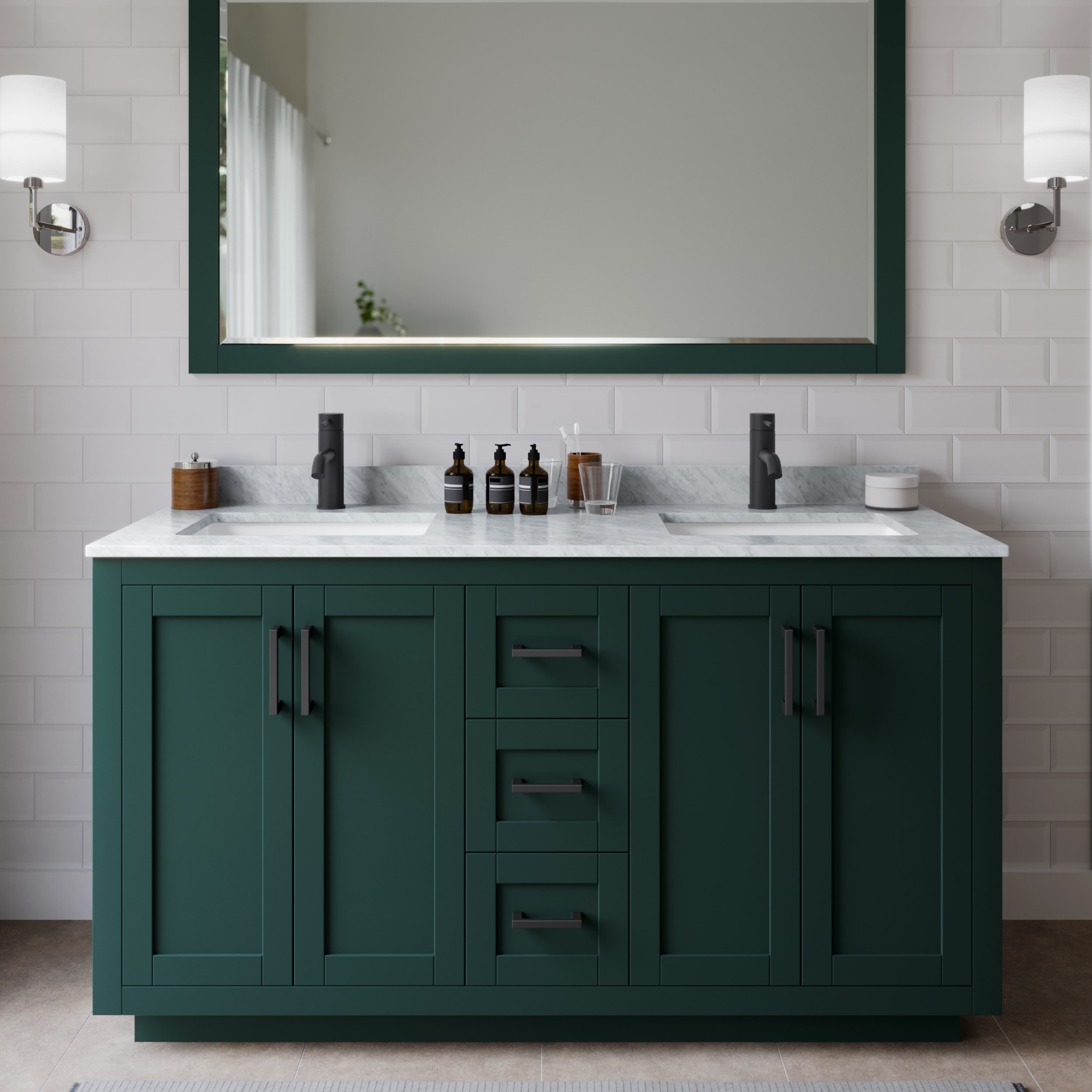 Wyndham Collection WCF292960DGKCMUNSM58 Miranda 60-in Green with Matte Black Trim Undermount Double sink Bathroom Vanity with White Carrara Marble Marble Top (Mirror Included)