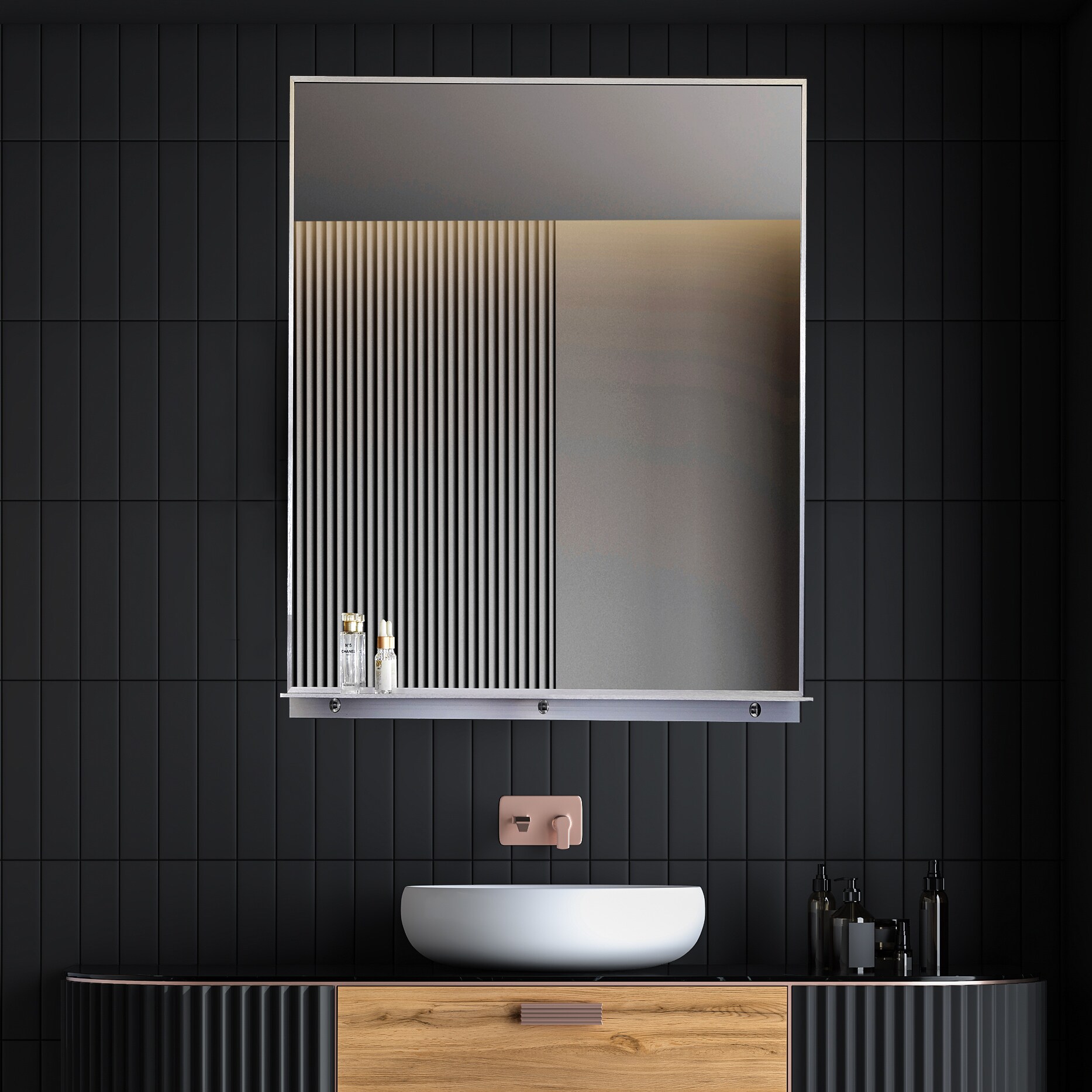 Lexi 24" x 32" Silver Aluminum Rectangular Mirror with Shelf