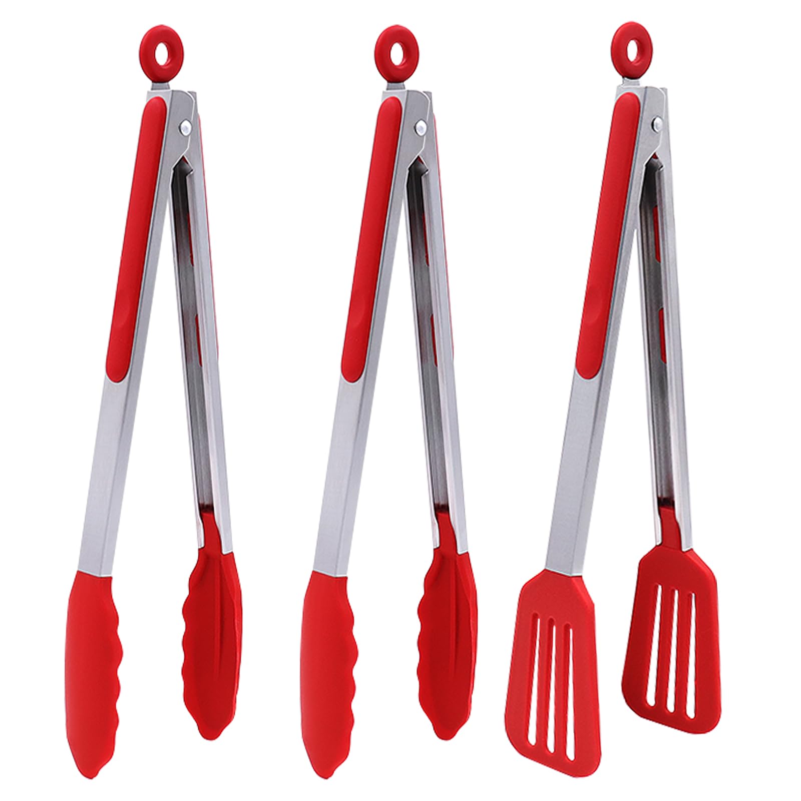 Vrbgify  12 Inch Kitchen Tongs Set of 3 Silicone Tips Stainless Steel Handles Cooking Baking Grilling Tools Red durable home and garden accessory